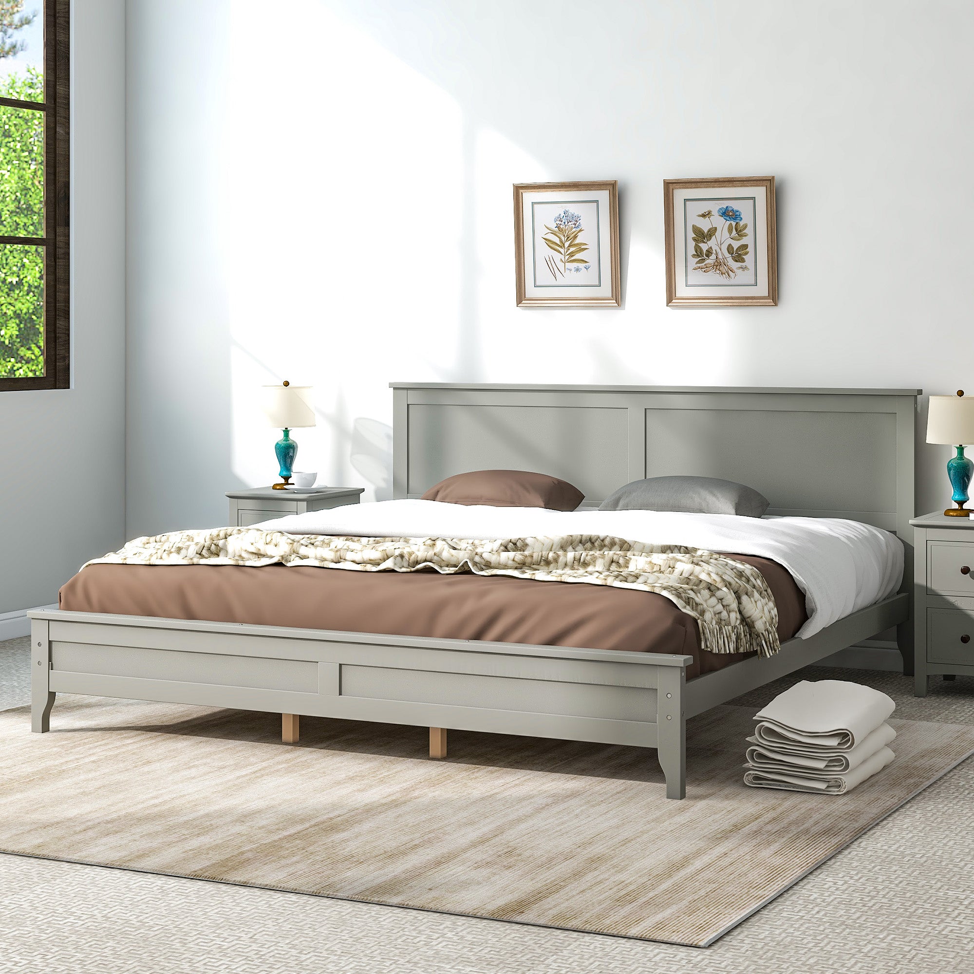 Royard Oaktree Wood Platform Bed with Headboard Modern Bed Frame with Slats, No Box Spring Needed