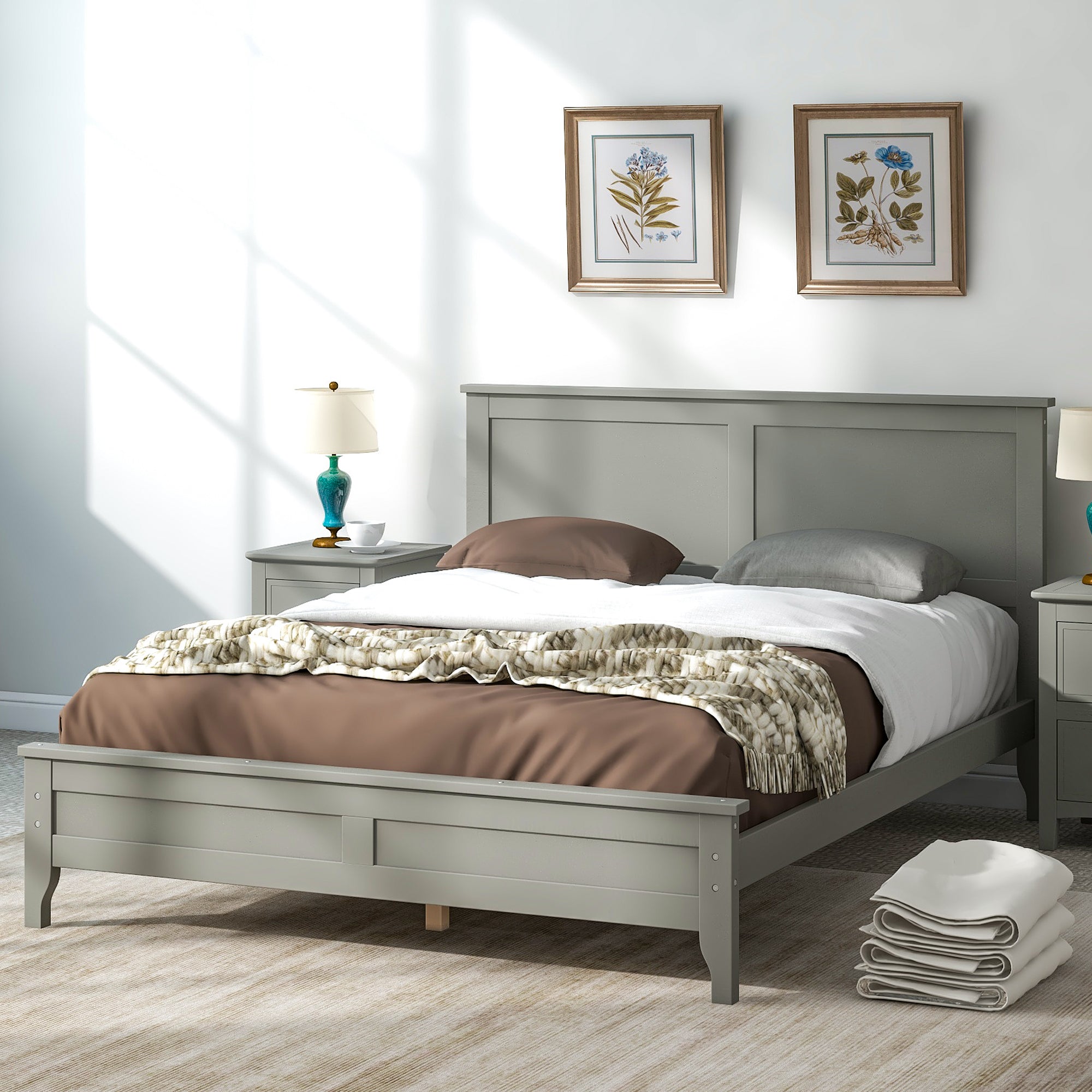 Royard Oaktree Wood Platform Bed with Headboard Modern Bed Frame with Slats, No Box Spring Needed