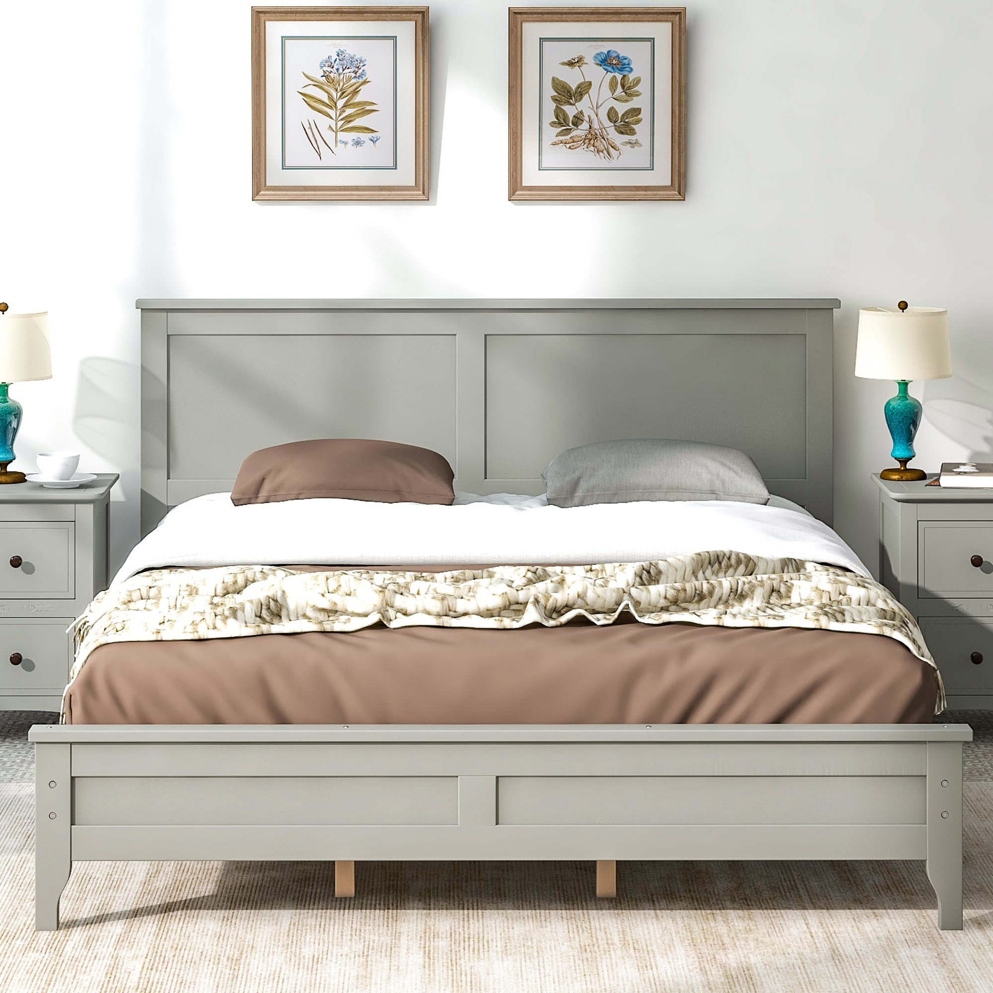 Royard Oaktree Wood Platform Bed with Headboard Modern Bed Frame with Slats, No Box Spring Needed