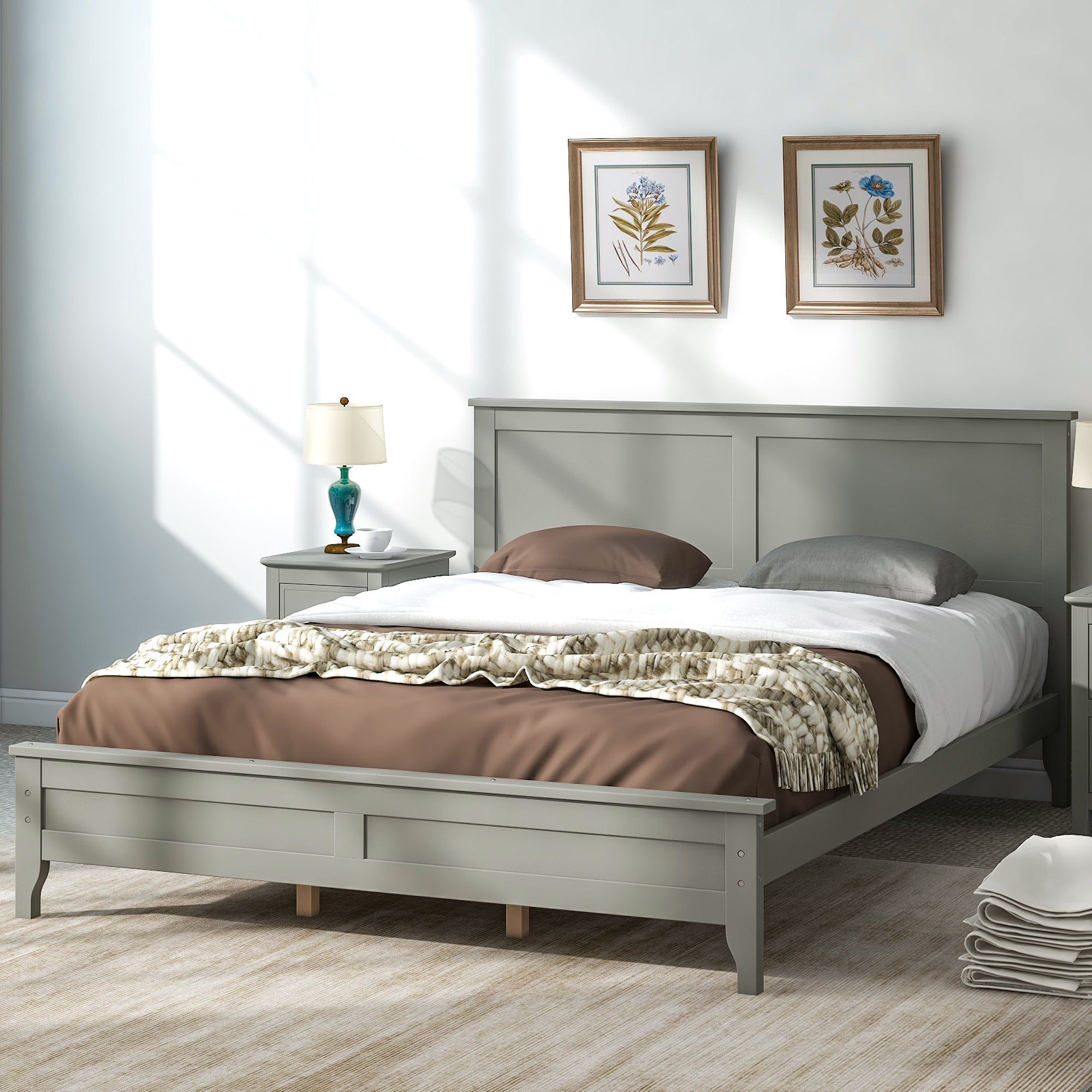 Royard Oaktree Wood Platform Bed with Headboard Modern Bed Frame with Slats, No Box Spring Needed