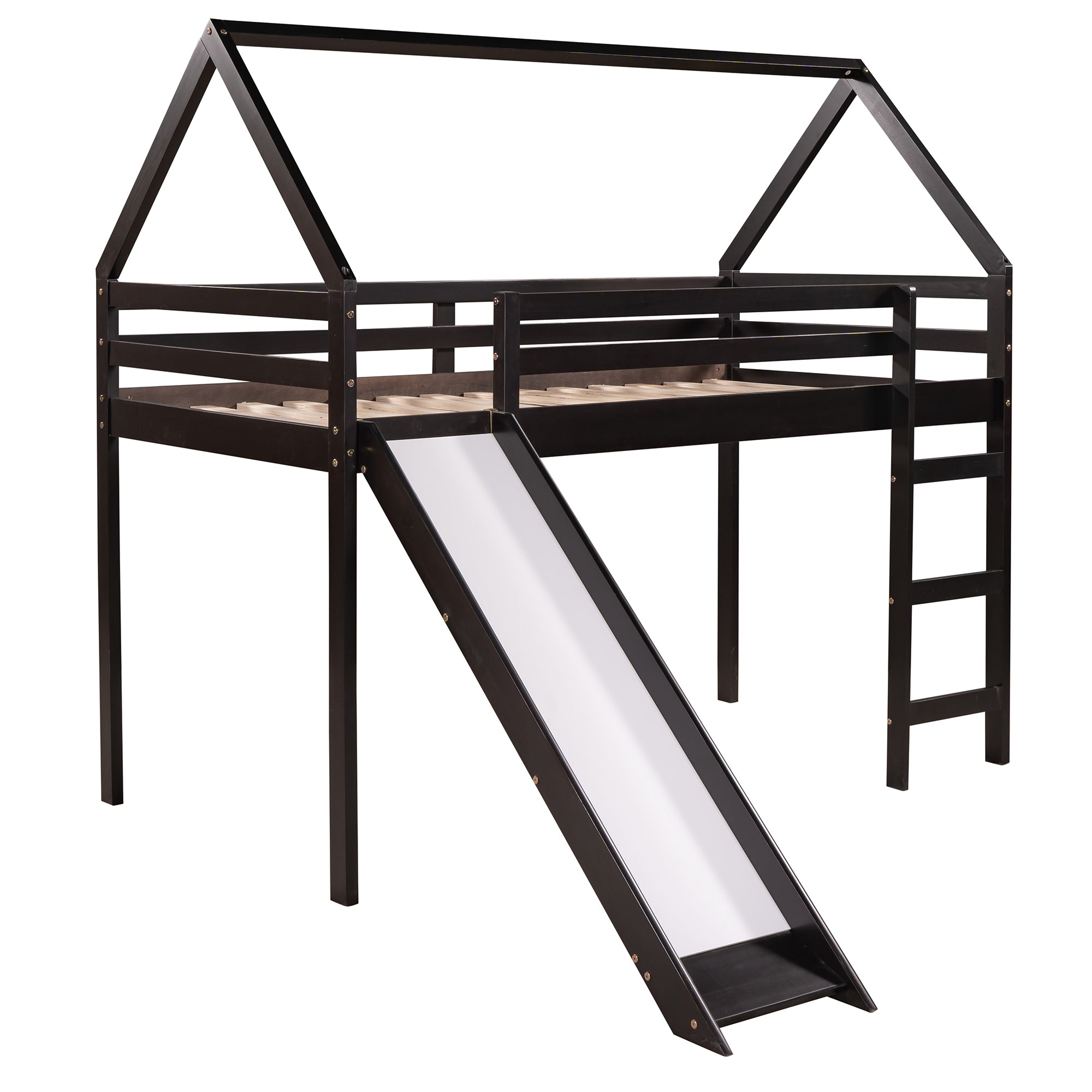 Royard Oaktree Twin Size Loft Bed with Slide Wood House Loft Bed Frame with Slat and Guardrail