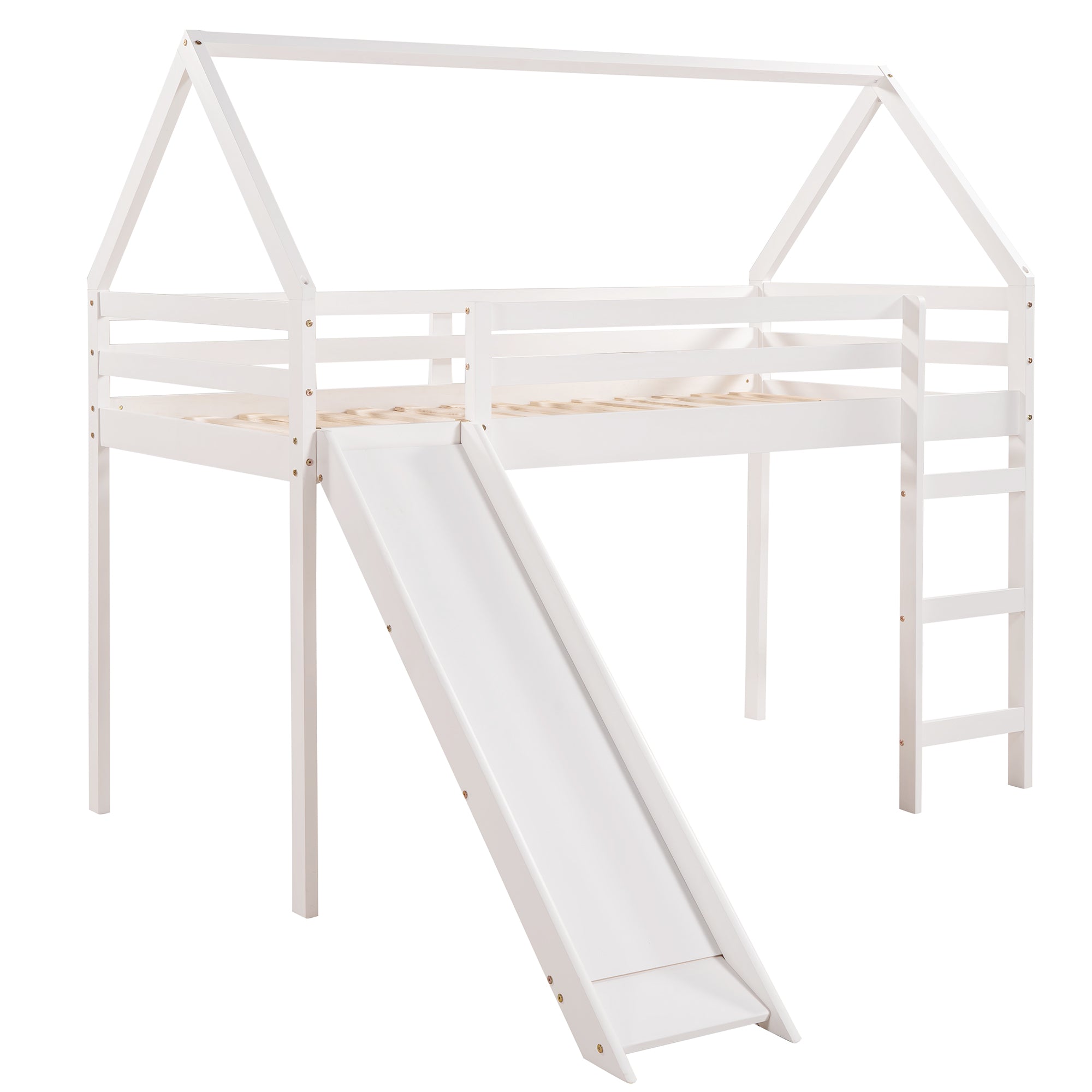 Royard Oaktree Twin Size Loft Bed with Slide Wood House Loft Bed Frame with Slat and Guardrail