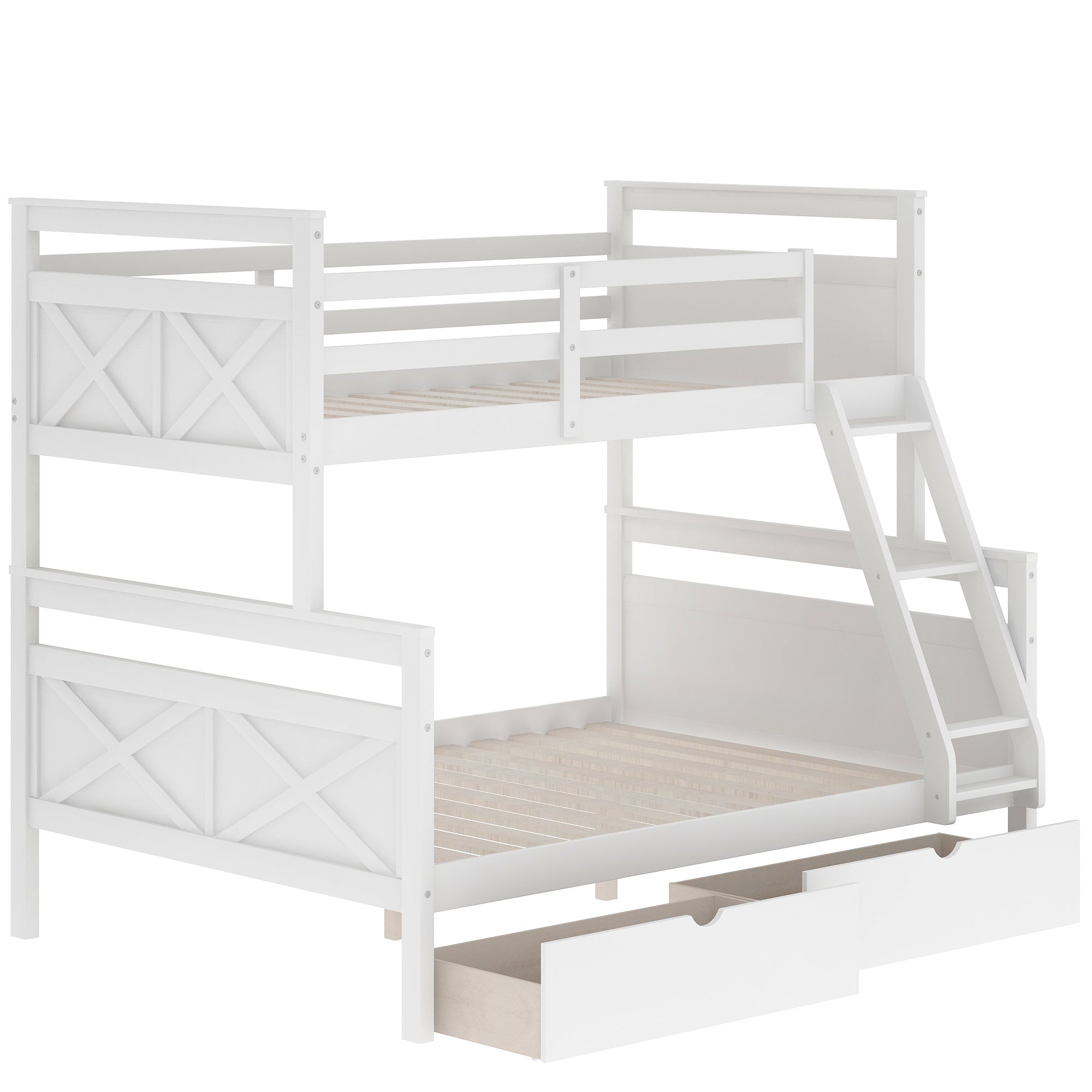 Royard Oaktree Twin over Full Bunk Bed with Storage Drawers and Built-in Ladder, Modern Wood Bunk Bed Frame with Guardrails and Headboard, Can Be Divided Into 2 Separate Platform Beds