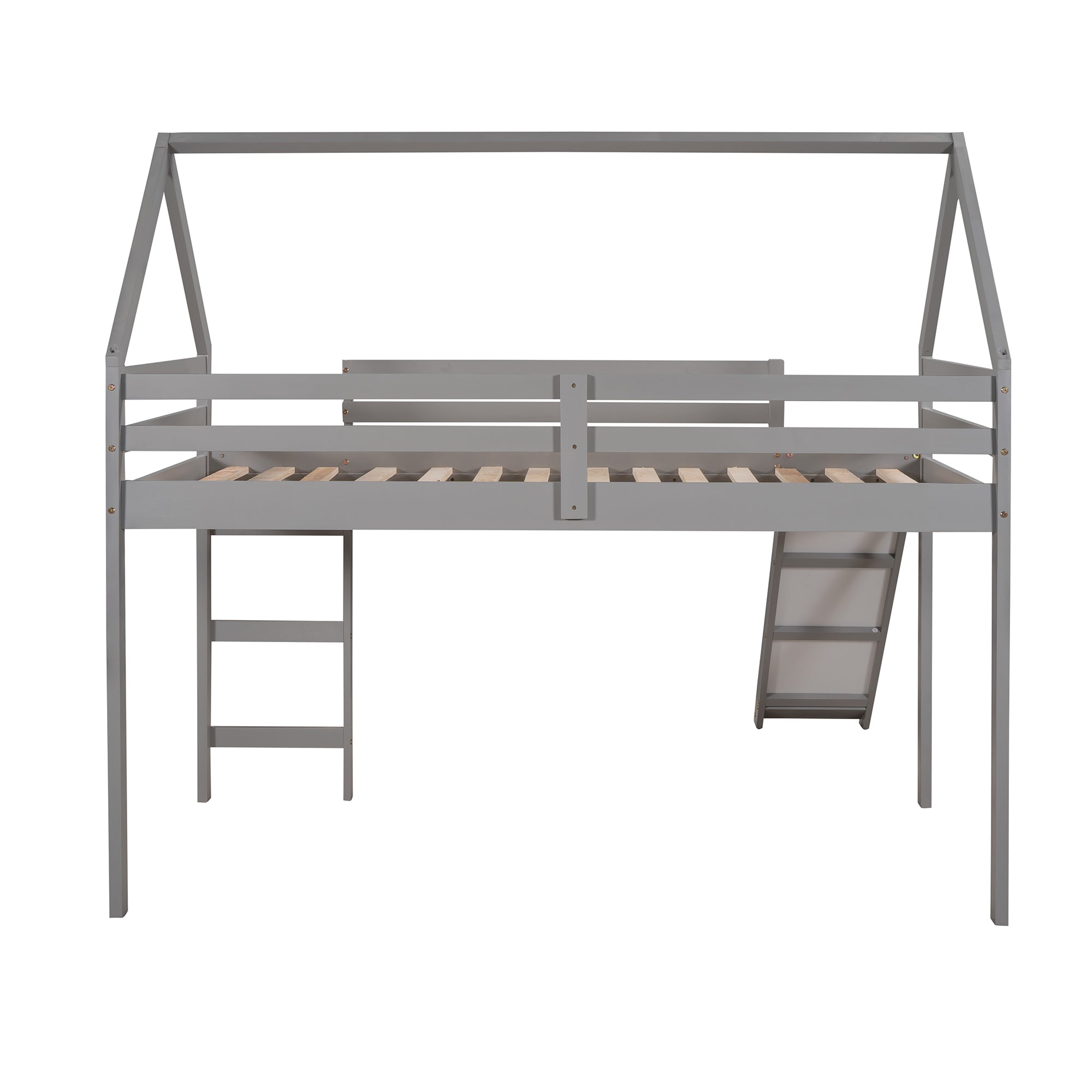 Royard Oaktree Twin Size Loft Bed with Slide Wood House Loft Bed Frame with Slat and Guardrail