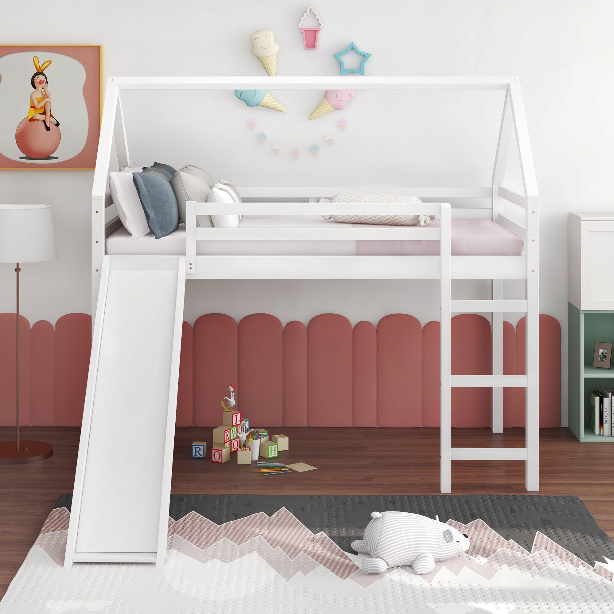 Royard Oaktree Twin Size Loft Bed with Slide Wood House Loft Bed Frame with Slat and Guardrail