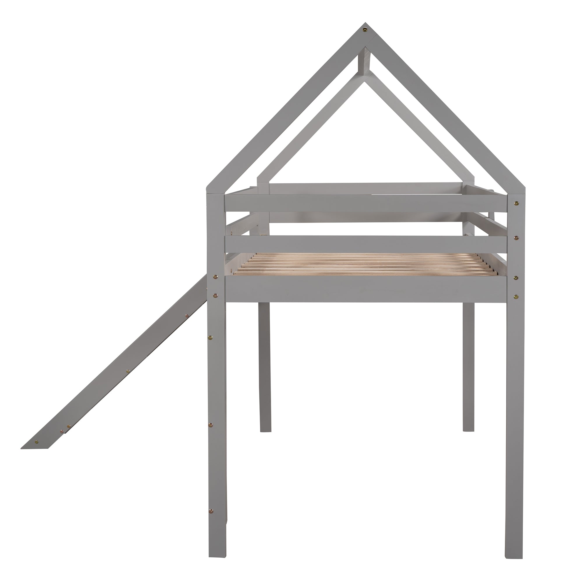 Royard Oaktree Twin Size Loft Bed with Slide Wood House Loft Bed Frame with Slat and Guardrail