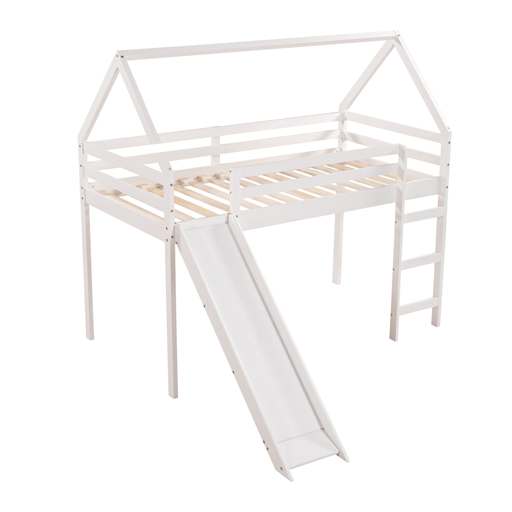 Royard Oaktree Twin Size Loft Bed with Slide Wood House Loft Bed Frame with Slat and Guardrail