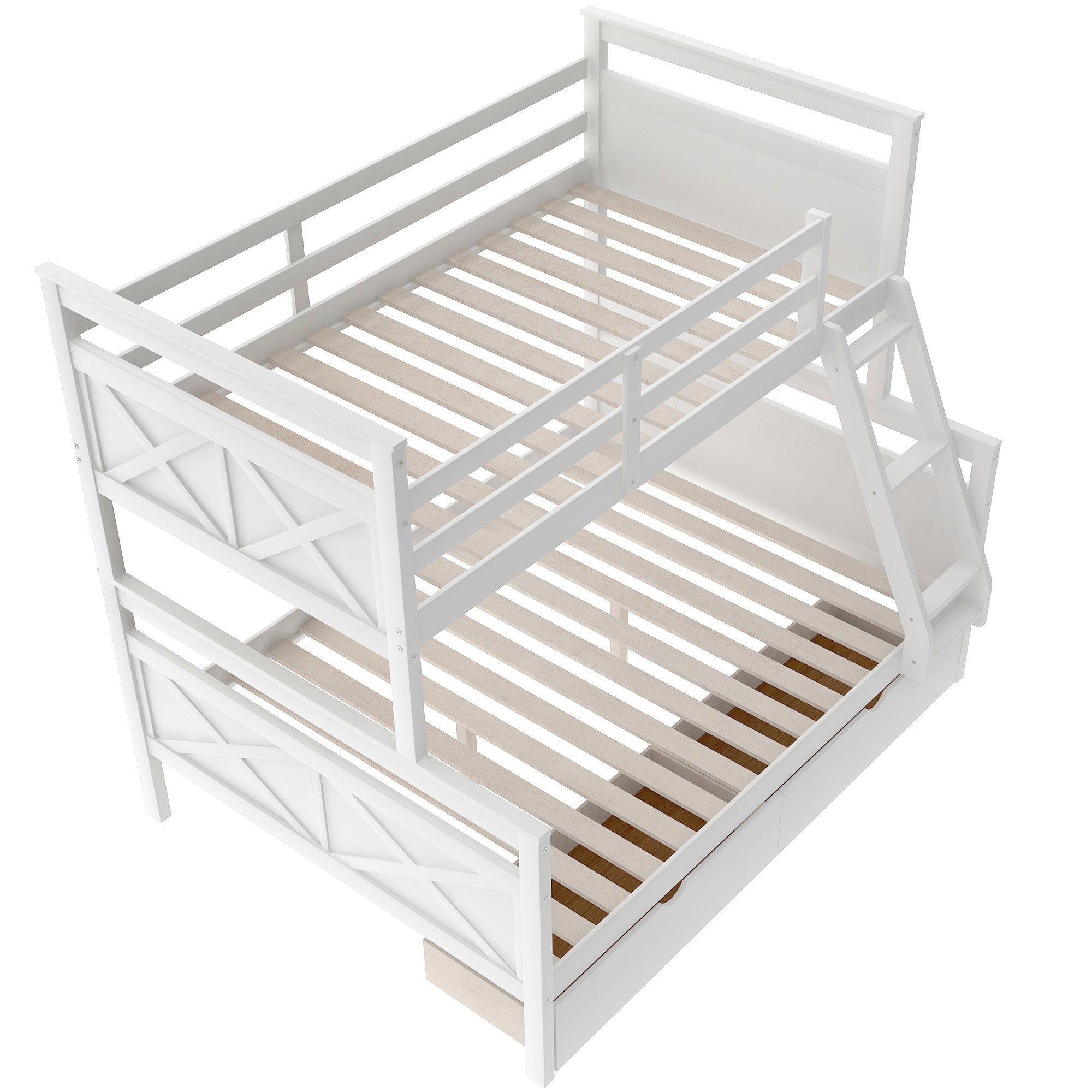 Royard Oaktree Twin over Full Bunk Bed with Storage Drawers and Built-in Ladder, Modern Wood Bunk Bed Frame with Guardrails and Headboard, Can Be Divided Into 2 Separate Platform Beds