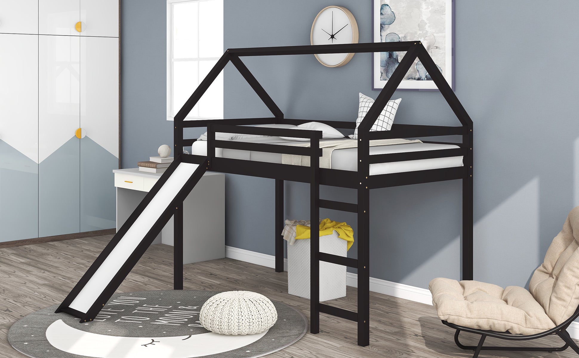 Royard Oaktree Twin Size Loft Bed with Slide Wood House Loft Bed Frame with Slat and Guardrail