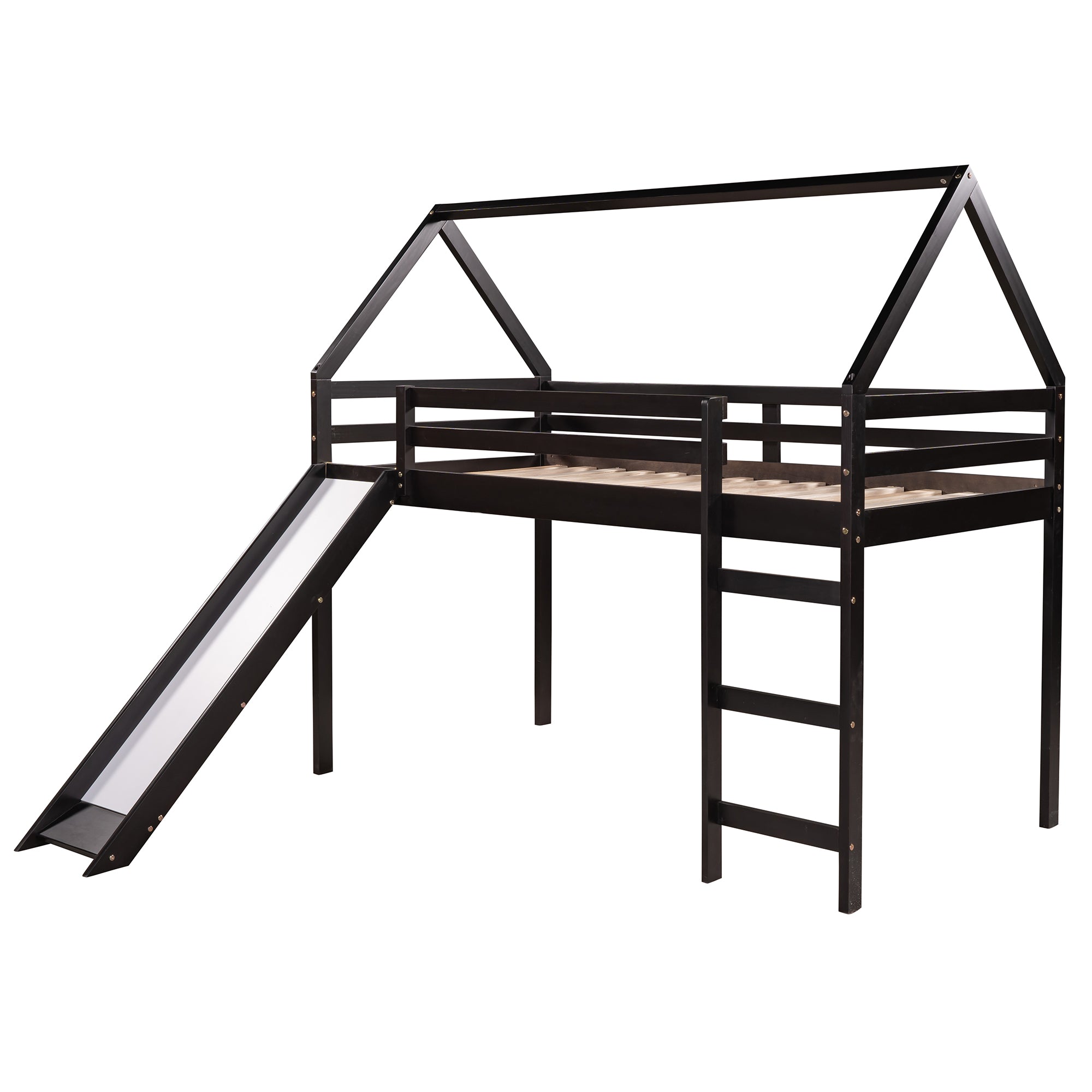 Royard Oaktree Twin Size Loft Bed with Slide Wood House Loft Bed Frame with Slat and Guardrail