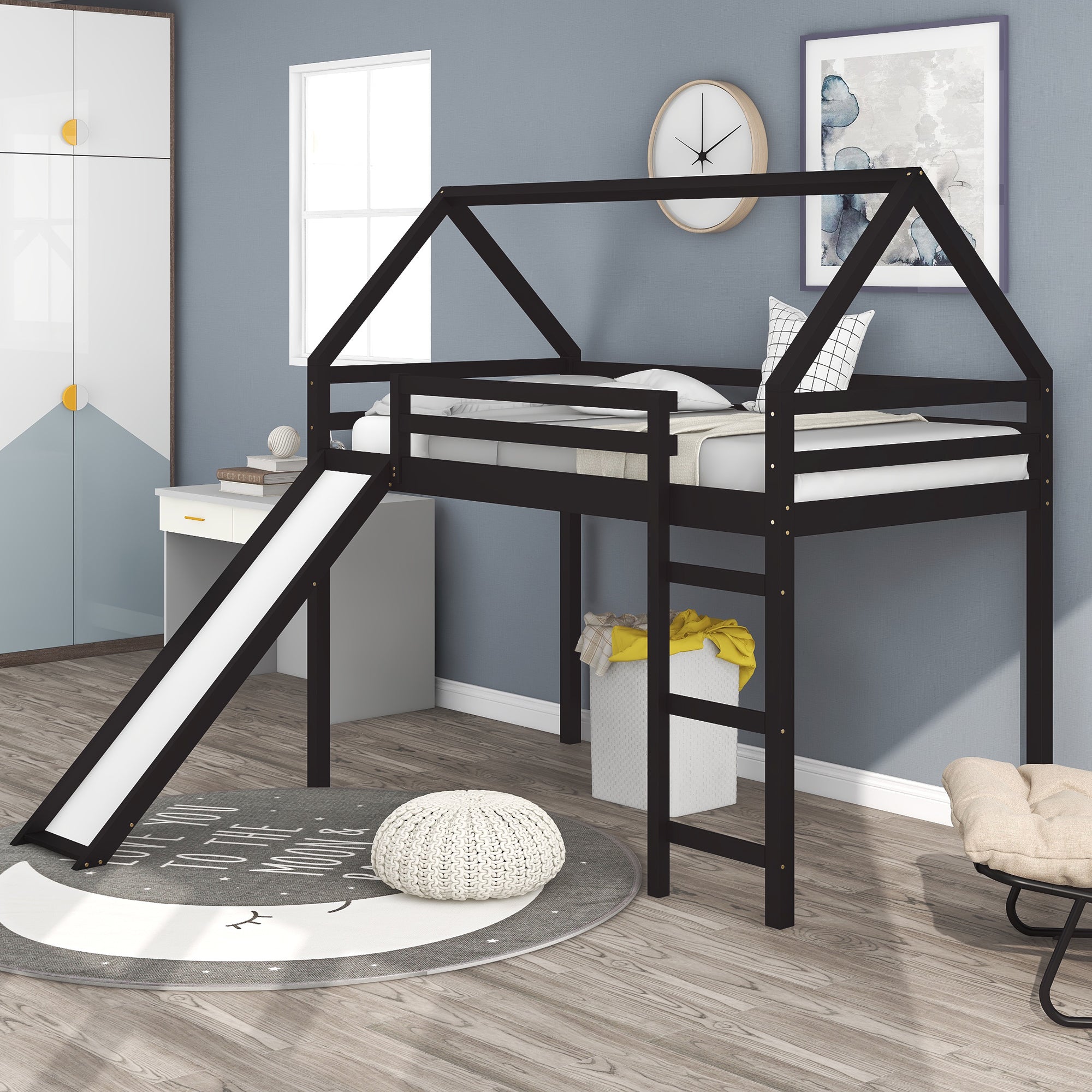 Royard Oaktree Twin Size Loft Bed with Slide Wood House Loft Bed Frame with Slat and Guardrail