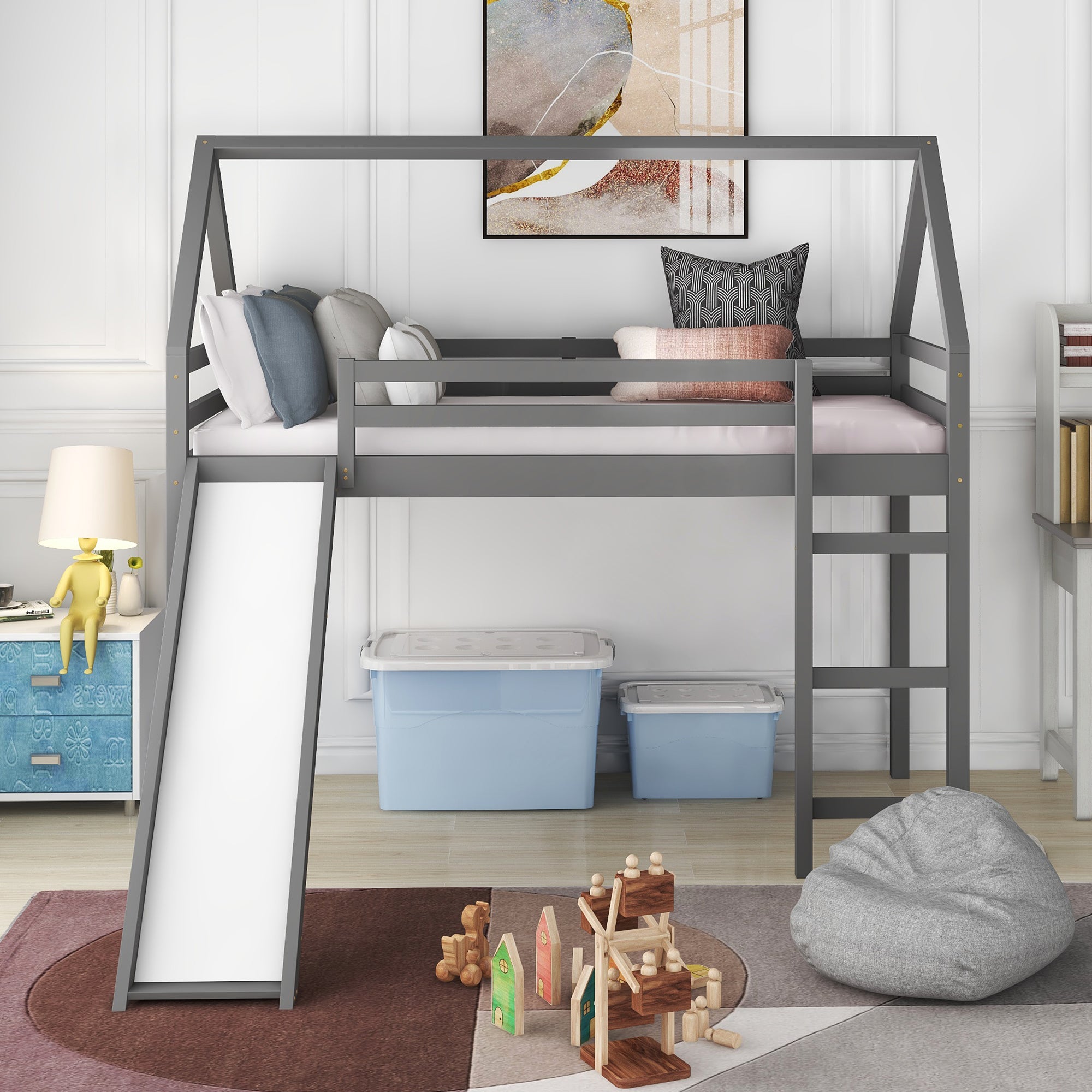 Royard Oaktree Twin Size Loft Bed with Slide Wood House Loft Bed Frame with Slat and Guardrail