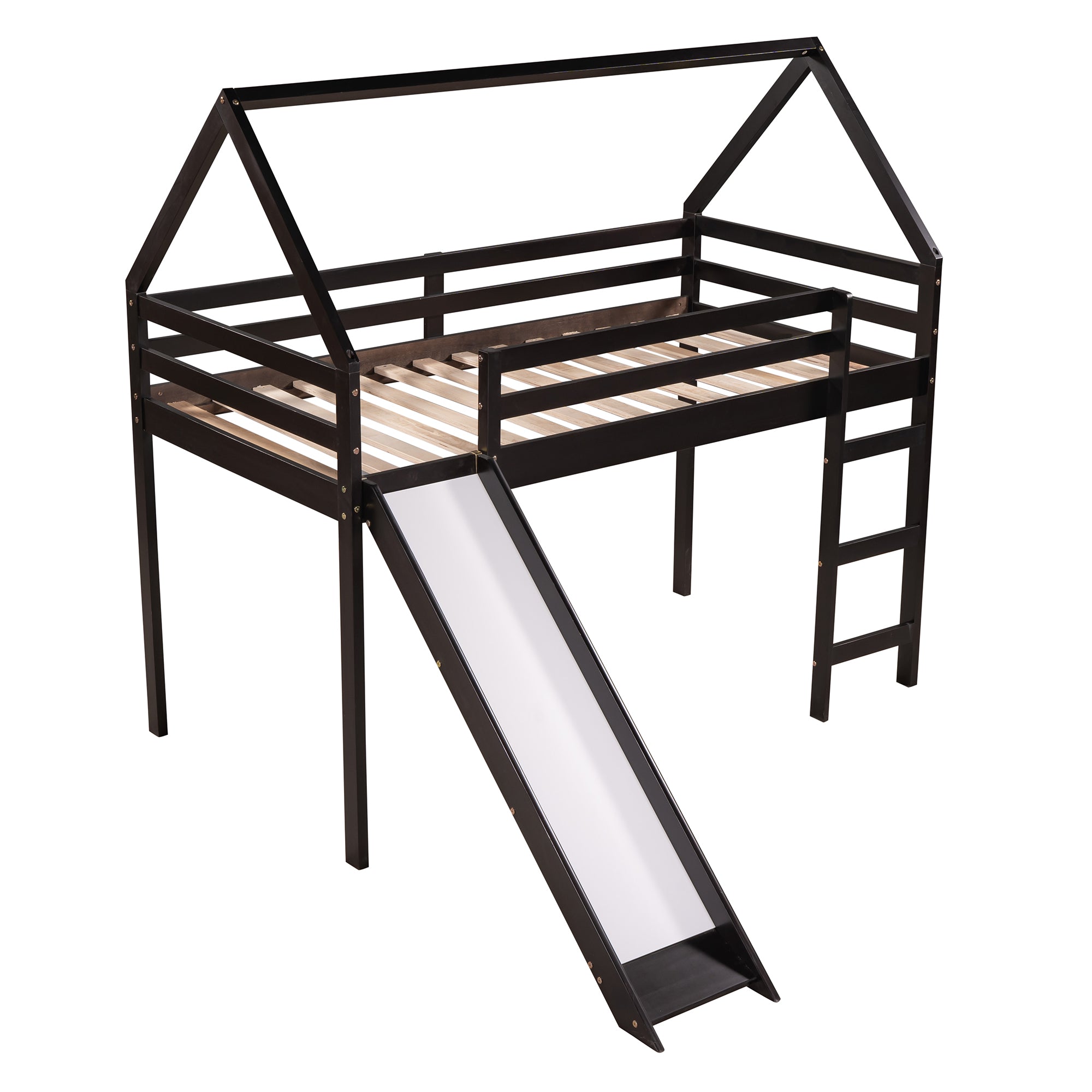 Royard Oaktree Twin Size Loft Bed with Slide Wood House Loft Bed Frame with Slat and Guardrail