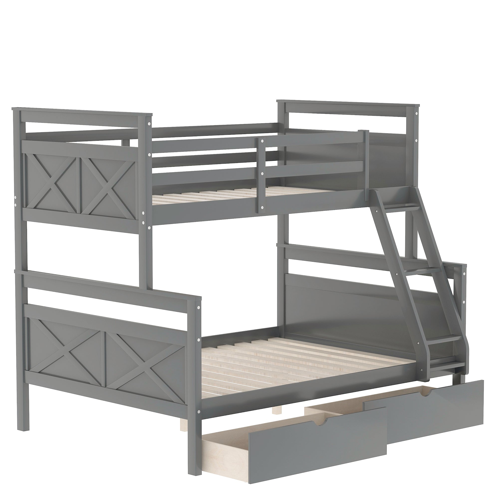 Royard Oaktree Twin over Full Bunk Bed with Storage Drawers and Built-in Ladder, Modern Wood Bunk Bed Frame with Guardrails and Headboard, Can Be Divided Into 2 Separate Platform Beds