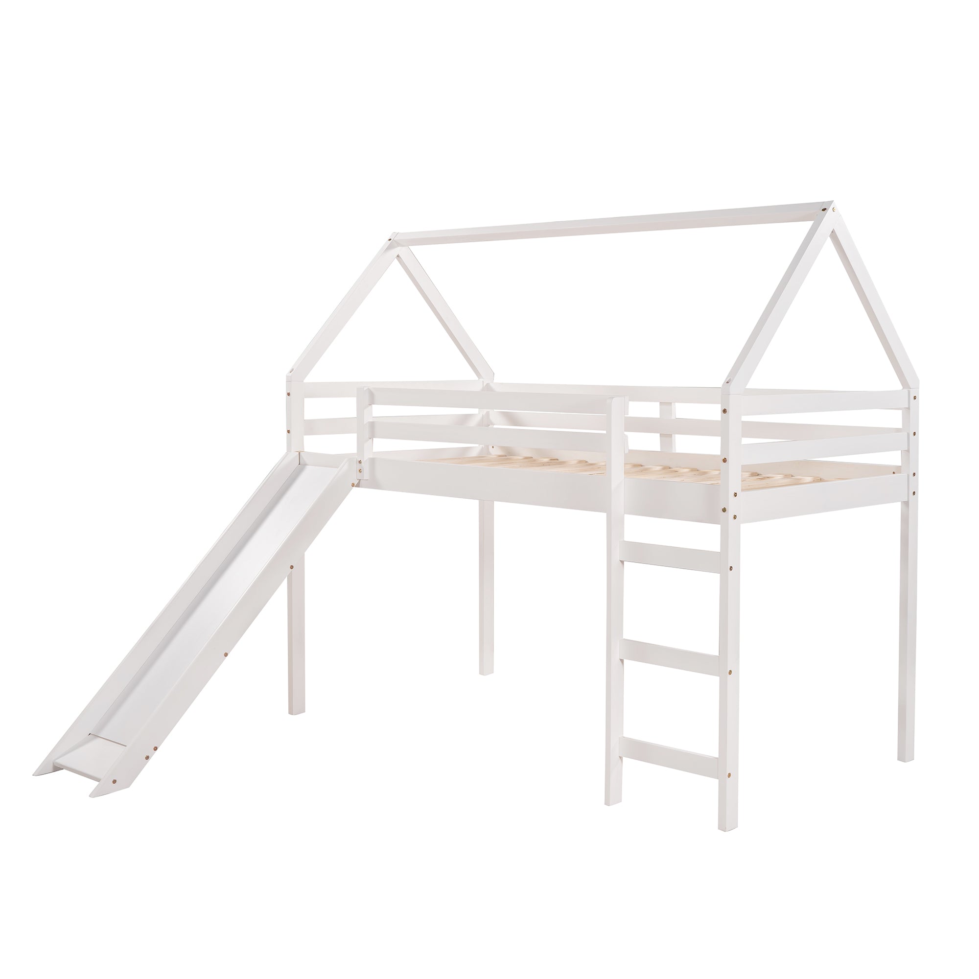 Royard Oaktree Twin Size Loft Bed with Slide Wood House Loft Bed Frame with Slat and Guardrail