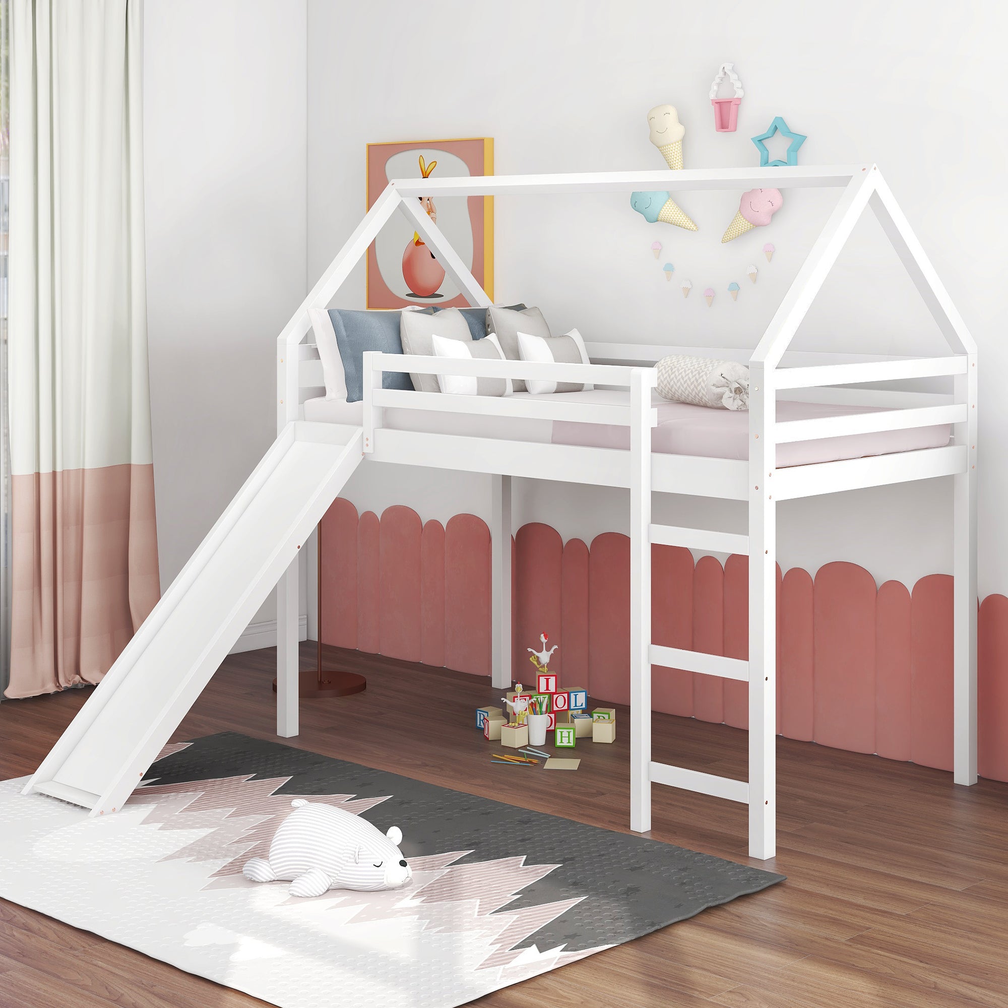 Royard Oaktree Twin Size Loft Bed with Slide Wood House Loft Bed Frame with Slat and Guardrail