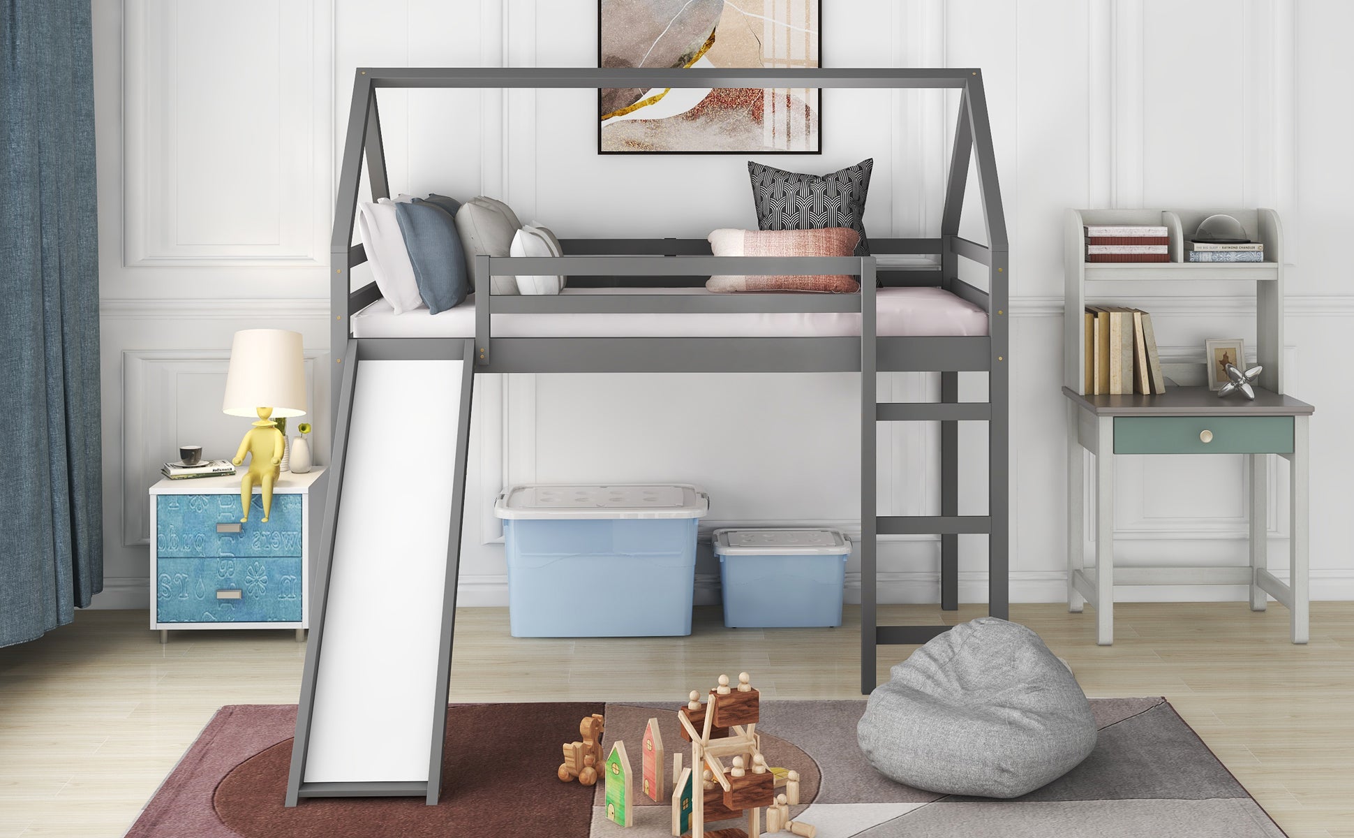 Royard Oaktree Twin Size Loft Bed with Slide Wood House Loft Bed Frame with Slat and Guardrail