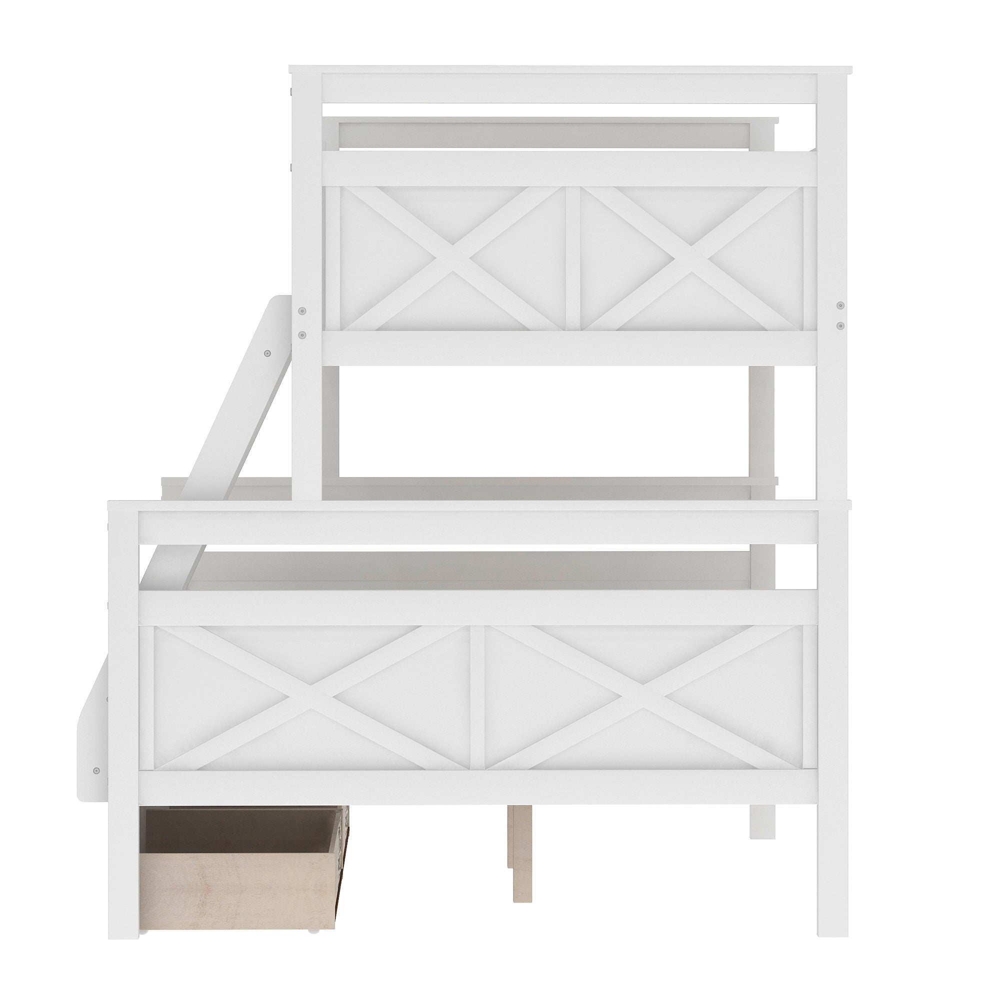 Royard Oaktree Twin over Full Bunk Bed with Storage Drawers and Built-in Ladder, Modern Wood Bunk Bed Frame with Guardrails and Headboard, Can Be Divided Into 2 Separate Platform Beds