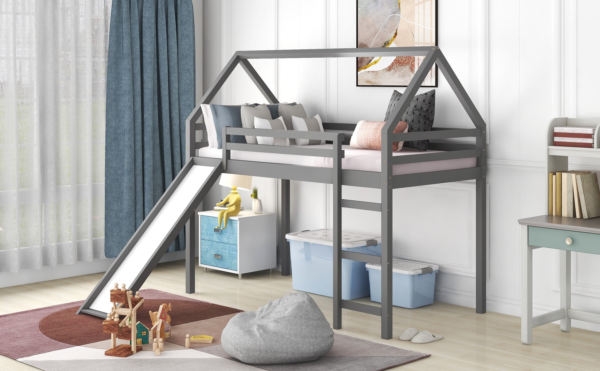 Royard Oaktree Twin Size Loft Bed with Slide Wood House Loft Bed Frame with Slat and Guardrail