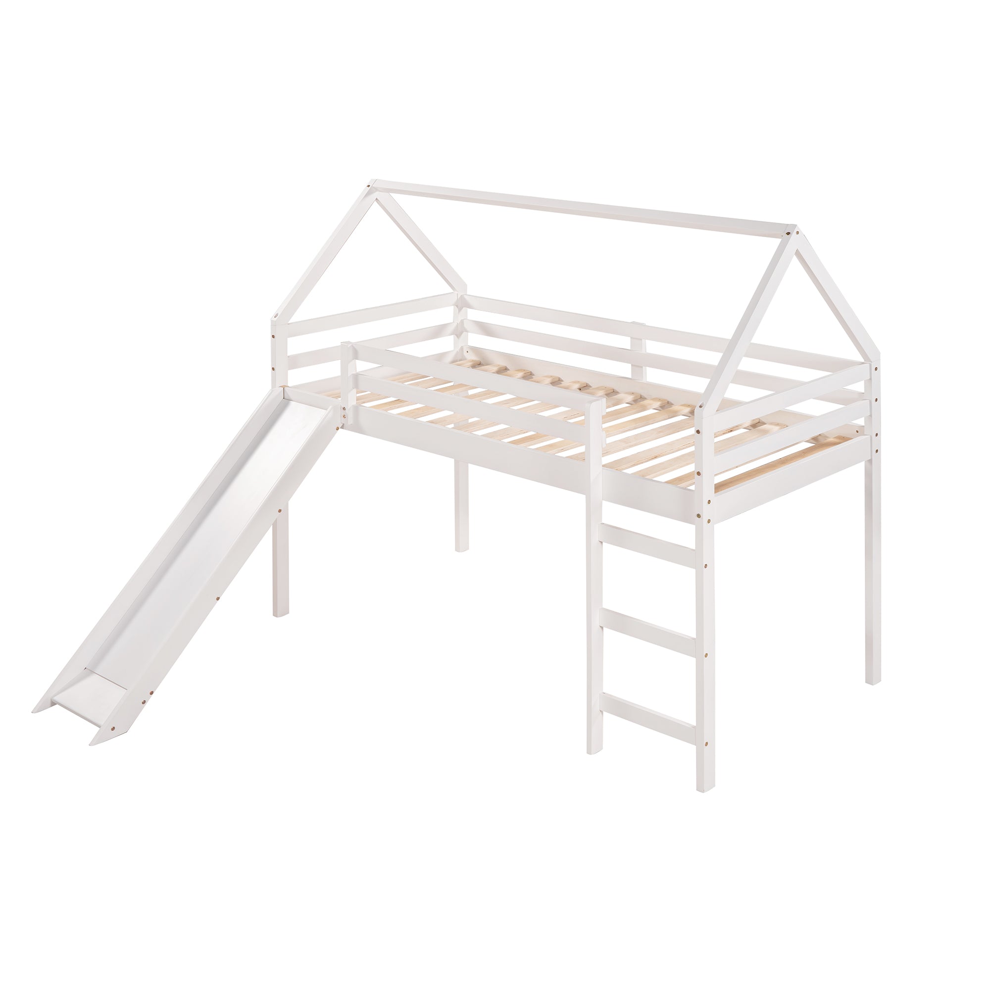 Royard Oaktree Twin Size Loft Bed with Slide Wood House Loft Bed Frame with Slat and Guardrail