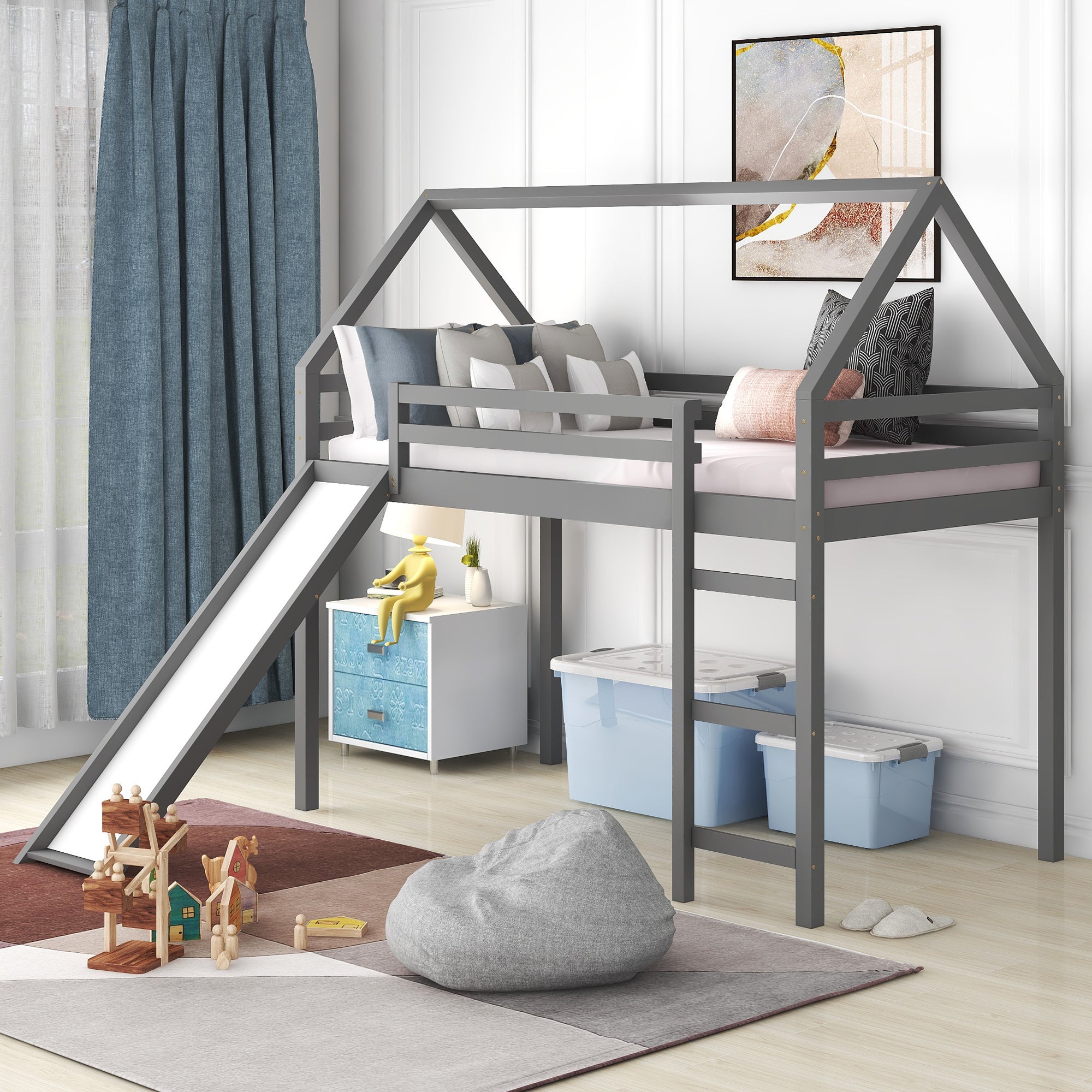 Royard Oaktree Twin Size Loft Bed with Slide Wood House Loft Bed Frame with Slat and Guardrail