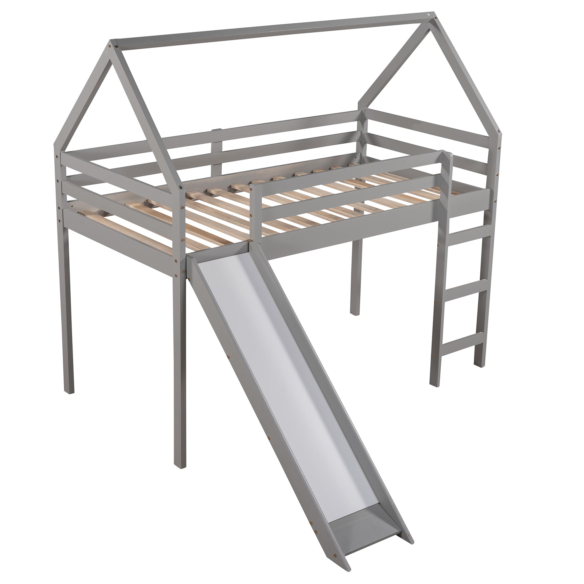 Royard Oaktree Twin Size Loft Bed with Slide Wood House Loft Bed Frame with Slat and Guardrail