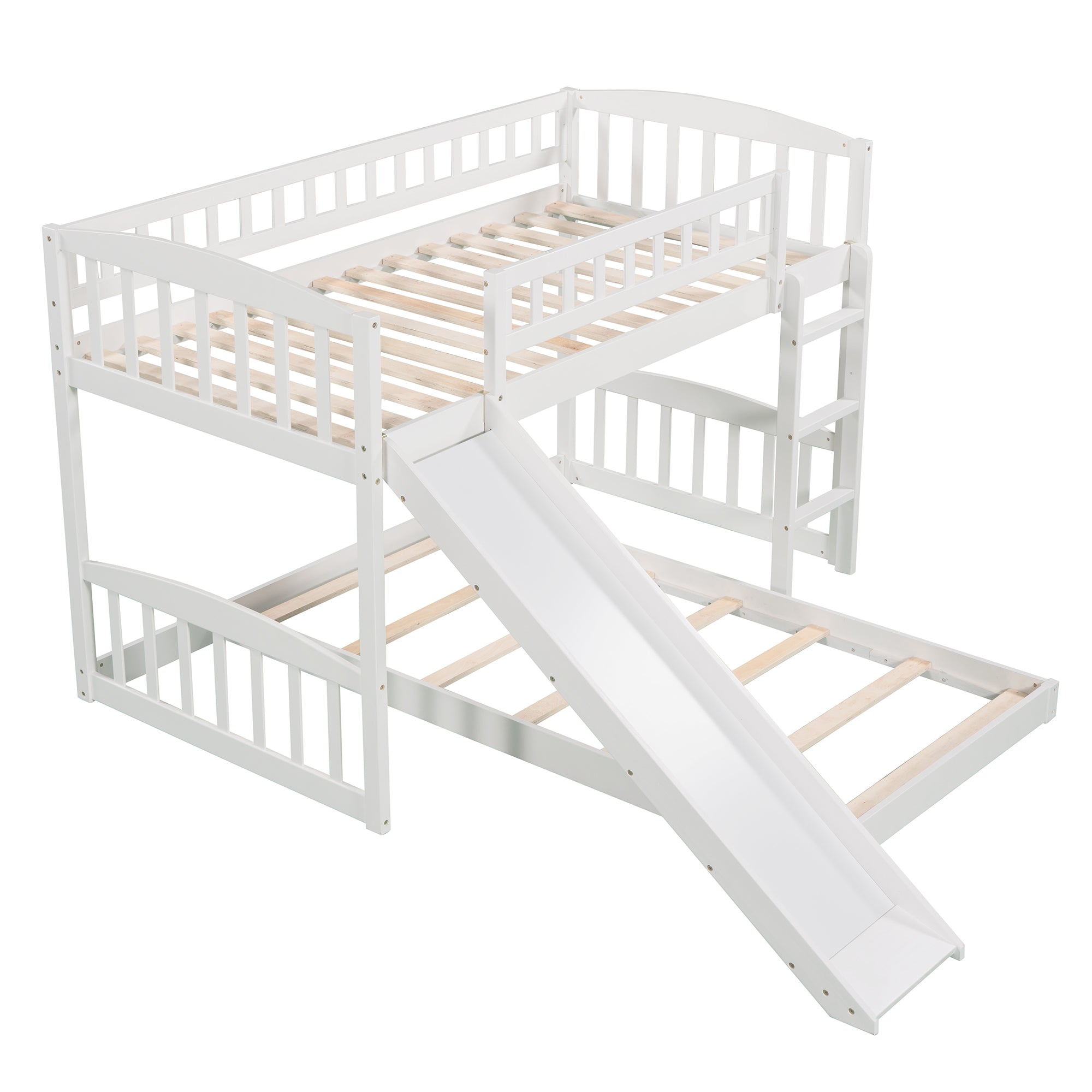 Royard Oaktree Twin Over Twin Bunk Bed with Slide Wooden Bunk Bed Frame with Guardrail and Ladder for Kids Boys Girls Teens, No Box Spring Needed, White