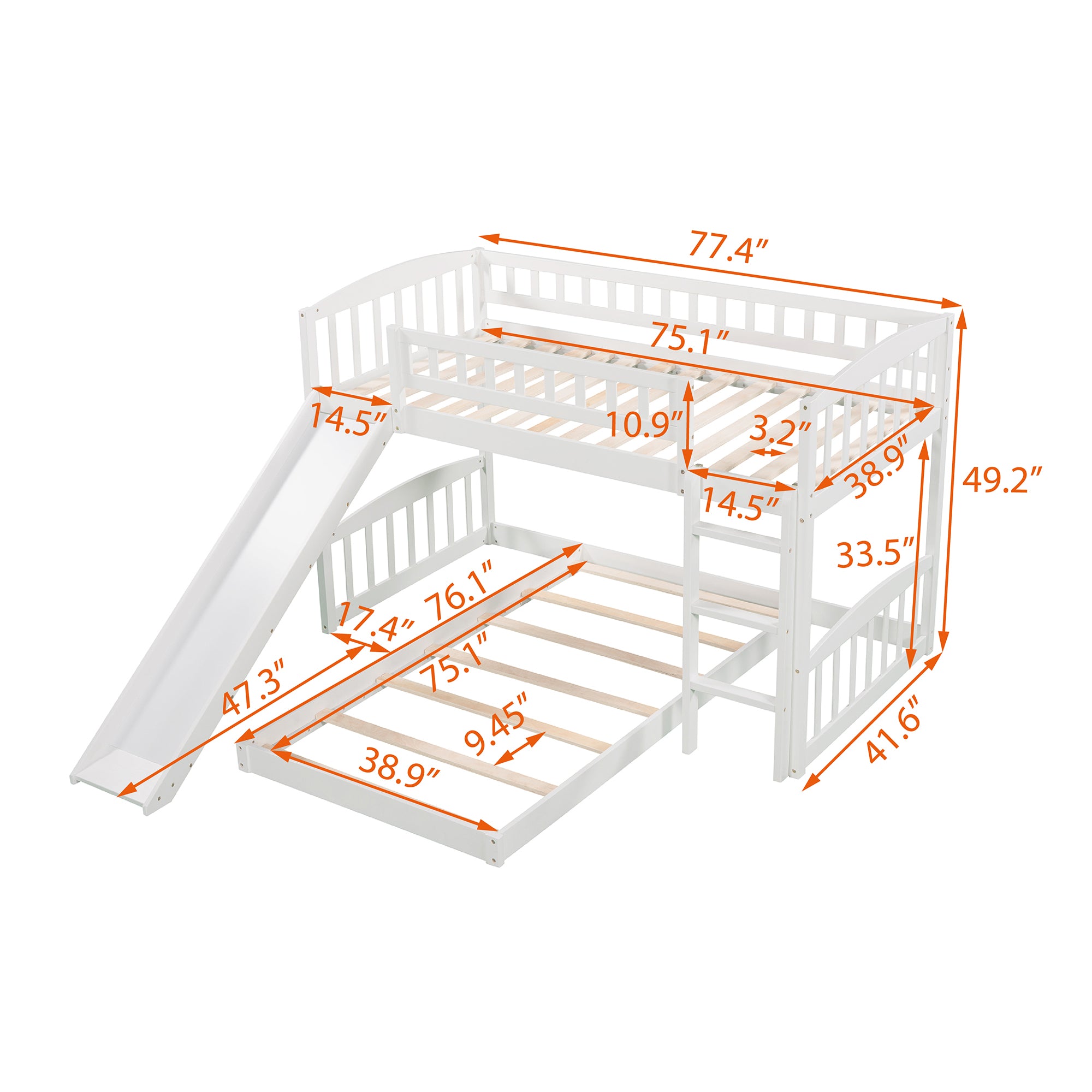 Royard Oaktree Twin Over Twin Bunk Bed with Slide Wooden Bunk Bed Frame with Guardrail and Ladder for Kids Boys Girls Teens, No Box Spring Needed, White