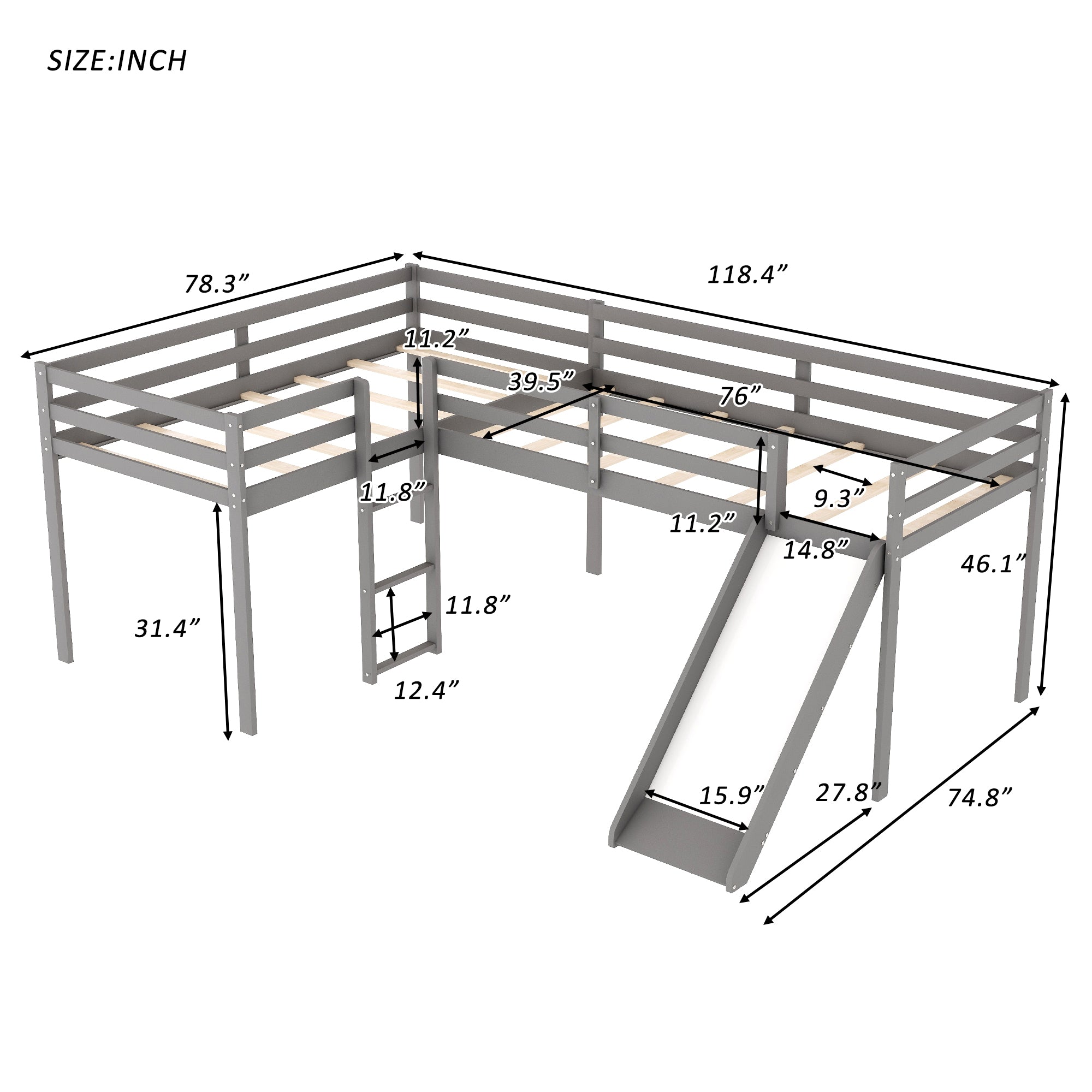 Royard Oaktree L-Shaped Twin Size Loft Bed with Ladder and Slide Wood Low Loft Bed Frame with Slatt and Guardrails