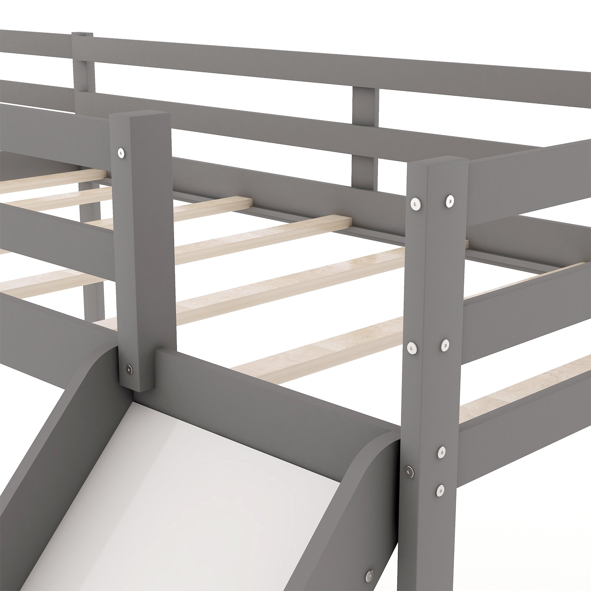 Royard Oaktree L-Shaped Twin Size Loft Bed with Ladder and Slide Wood Low Loft Bed Frame with Slatt and Guardrails