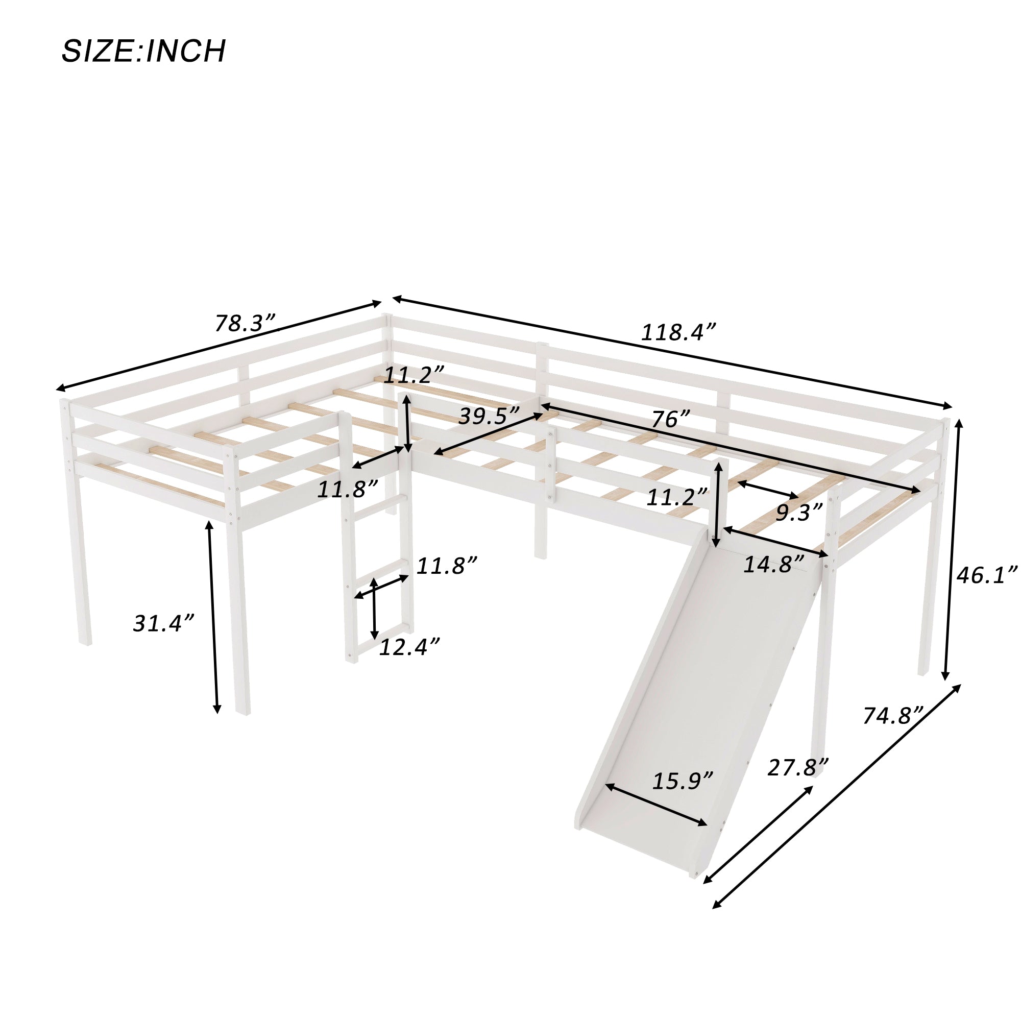 Royard Oaktree L-Shaped Twin Size Loft Bed with Ladder and Slide Wood Low Loft Bed Frame with Slatt and Guardrails