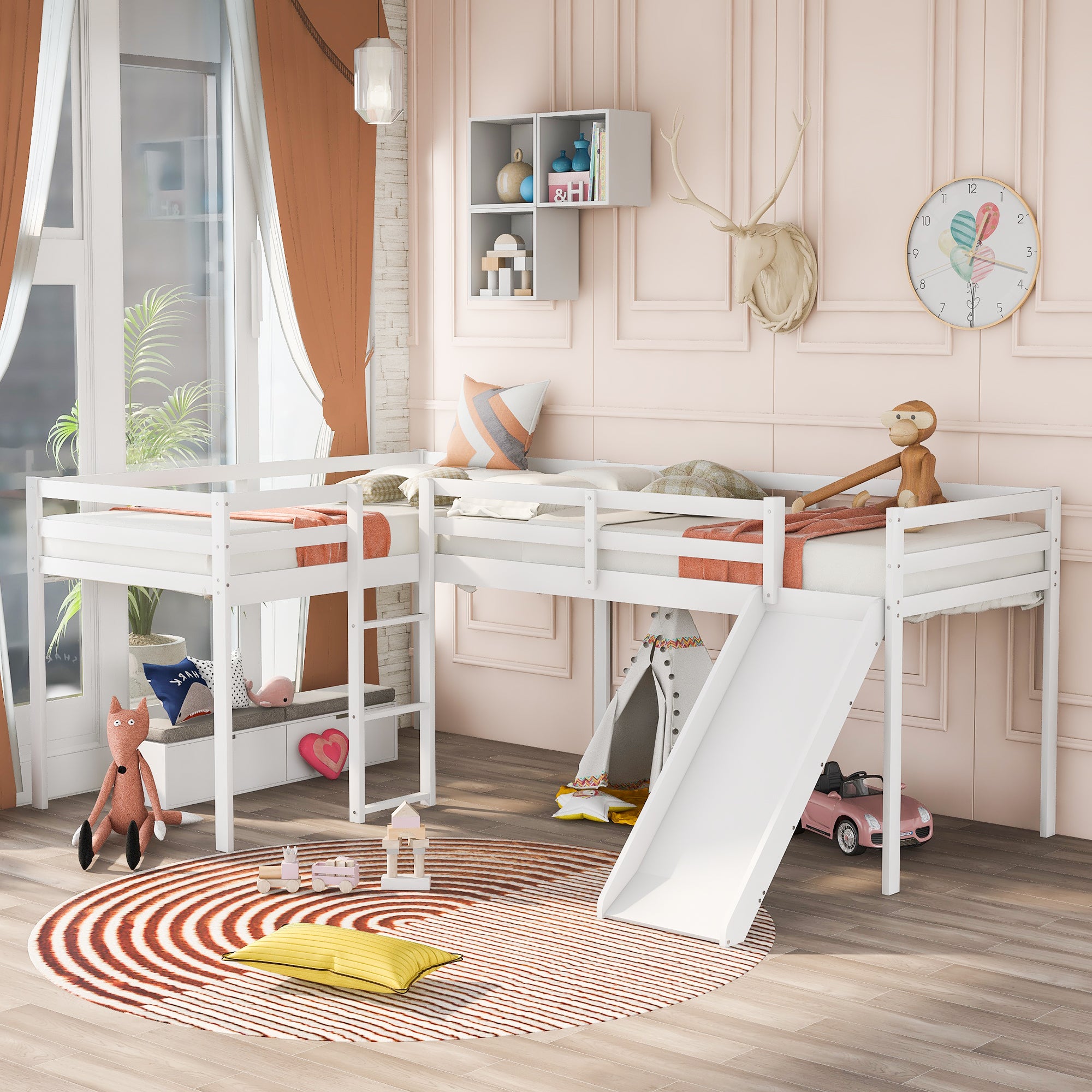 Royard Oaktree L-Shaped Twin Size Loft Bed with Ladder and Slide Wood Low Loft Bed Frame with Slatt and Guardrails