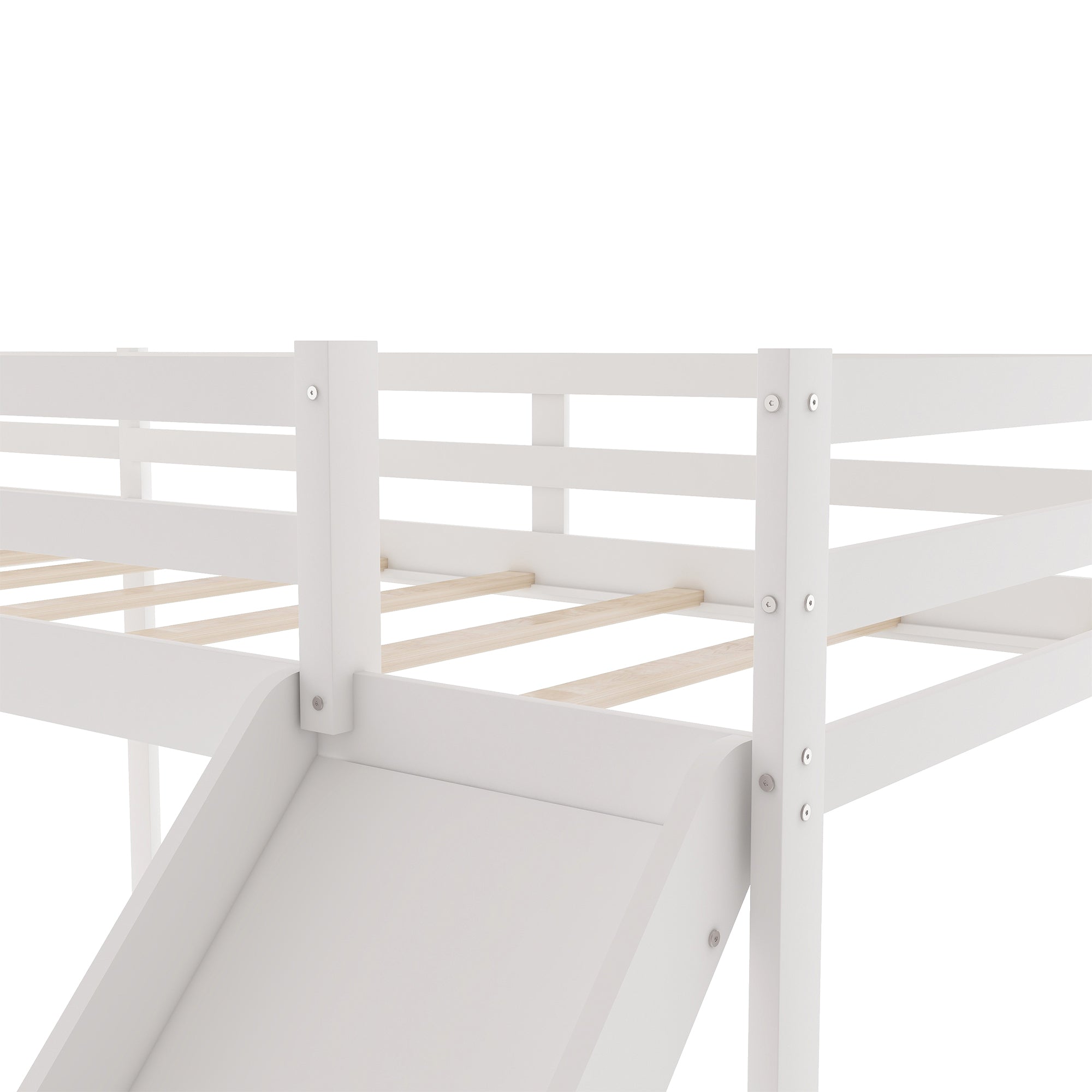 Royard Oaktree L-Shaped Twin Size Loft Bed with Ladder and Slide Wood Low Loft Bed Frame with Slatt and Guardrails