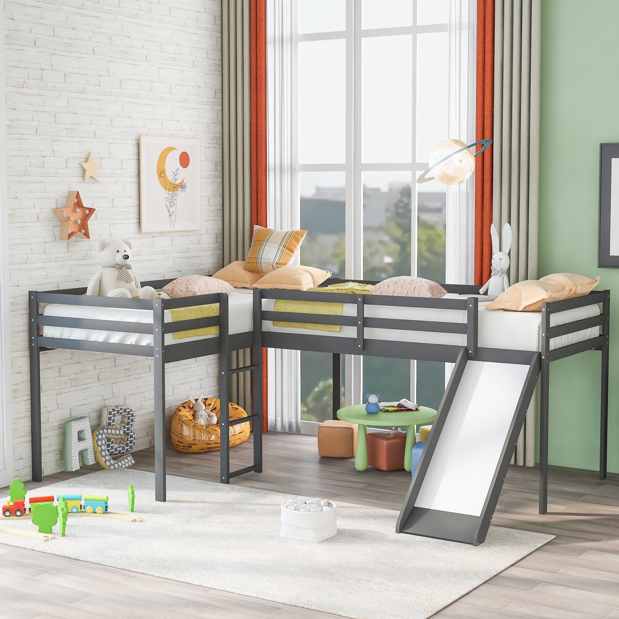 Royard Oaktree L-Shaped Twin Size Loft Bed with Ladder and Slide Wood Low Loft Bed Frame with Slatt and Guardrails