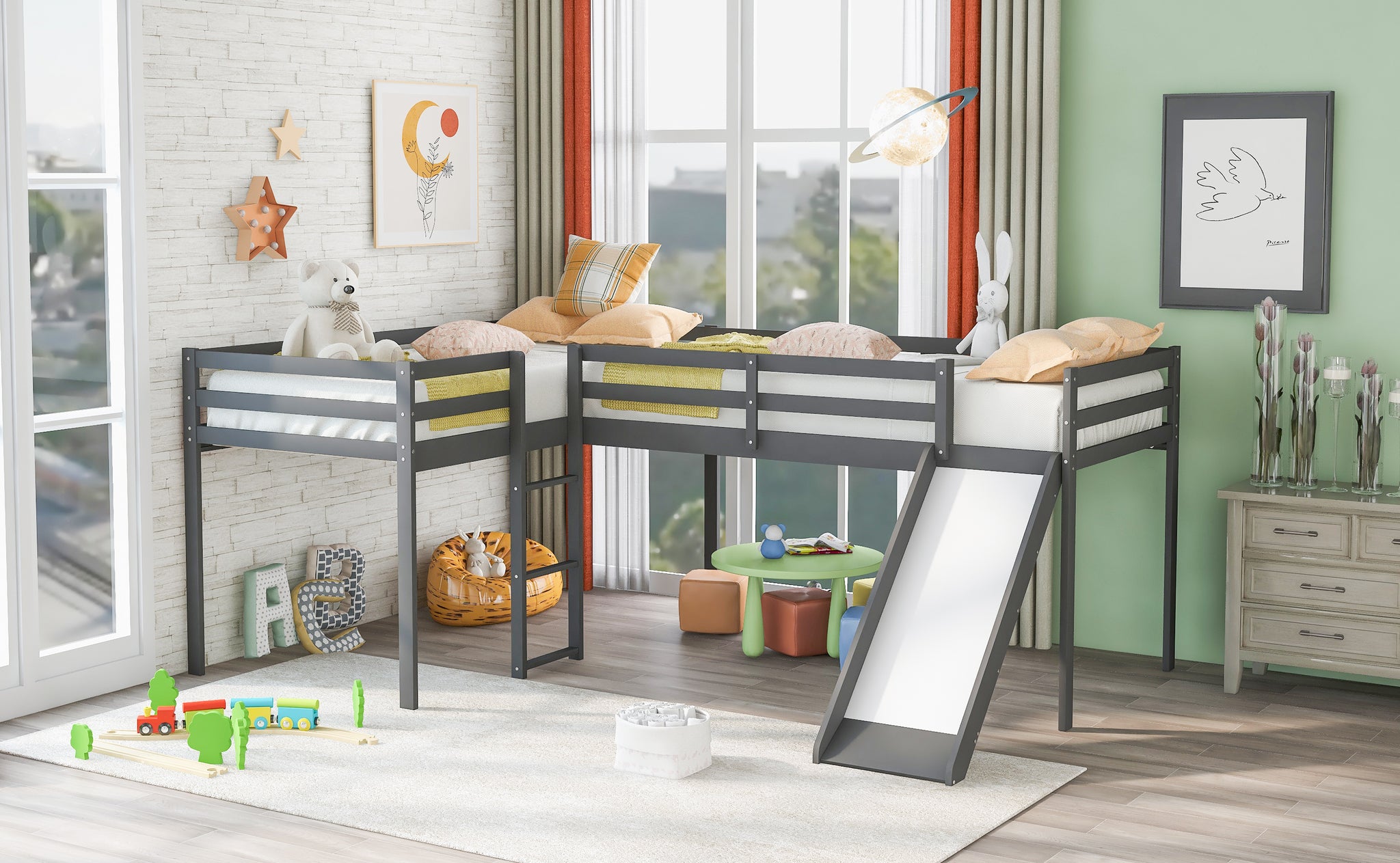 Royard Oaktree L-Shaped Twin Size Loft Bed with Ladder and Slide Wood Low Loft Bed Frame with Slatt and Guardrails