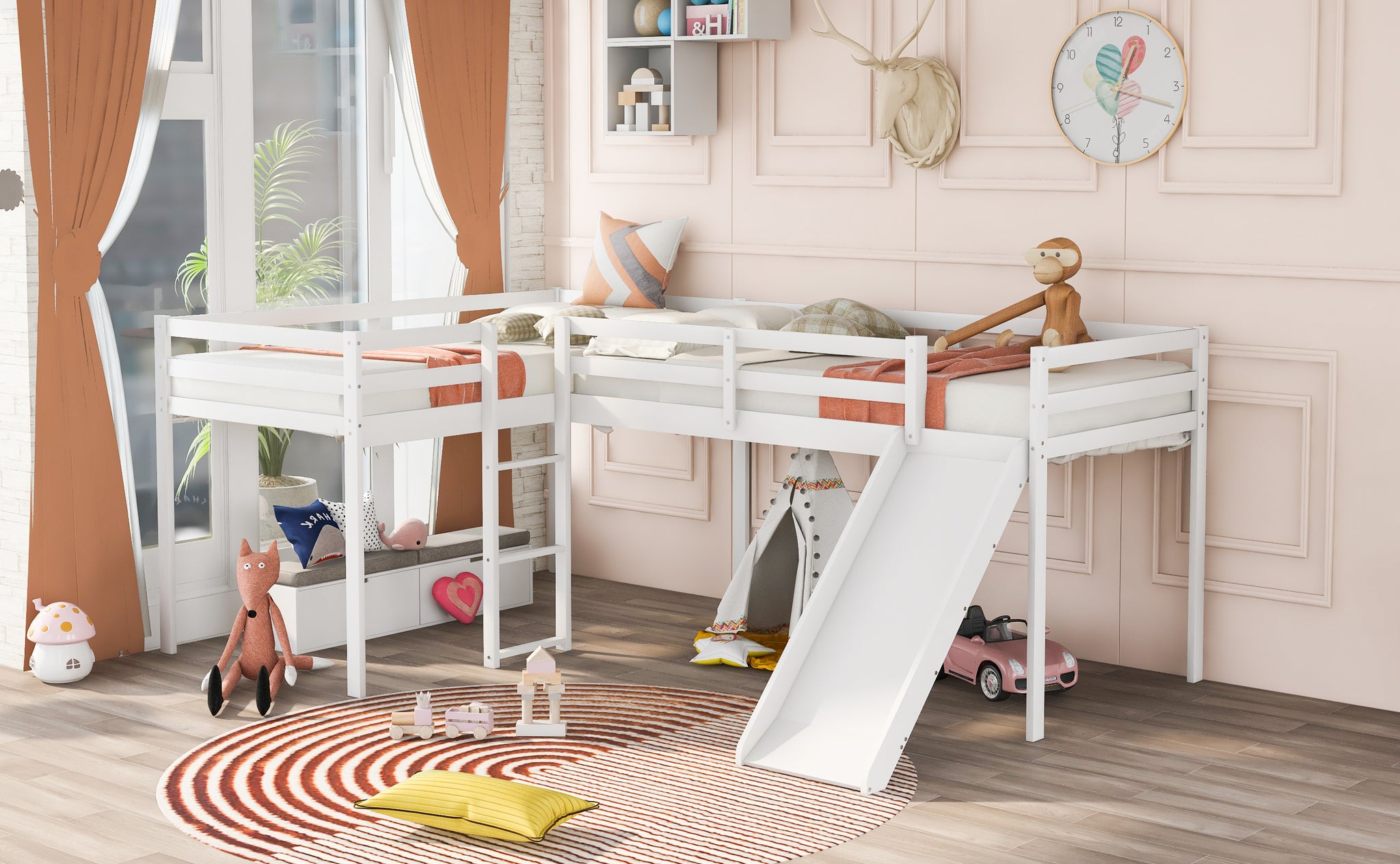 Royard Oaktree L-Shaped Twin Size Loft Bed with Ladder and Slide Wood Low Loft Bed Frame with Slatt and Guardrails