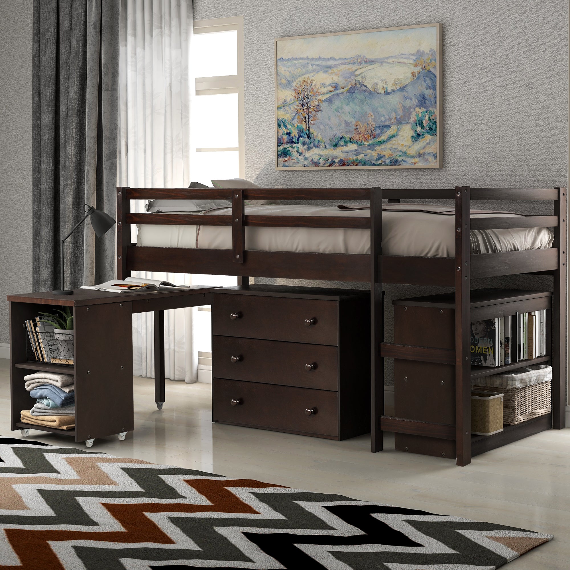 Royard Oaktree Loft Bed with Freestanding 3-Drawer Chest, Bookcase, and Rolling Portable Desk Wood Low Loft Bed Frame with Ladder and Guardrails