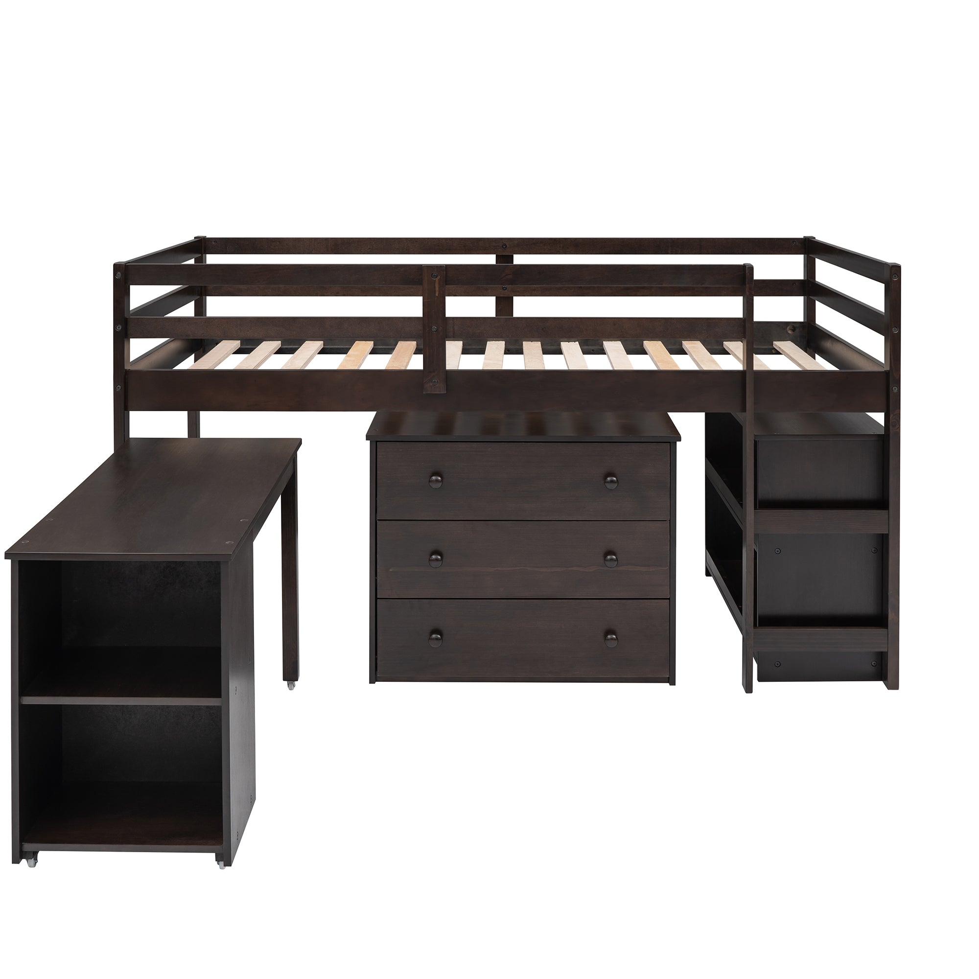 Royard Oaktree Loft Bed with Freestanding 3-Drawer Chest, Bookcase, and Rolling Portable Desk Wood Low Loft Bed Frame with Ladder and Guardrails