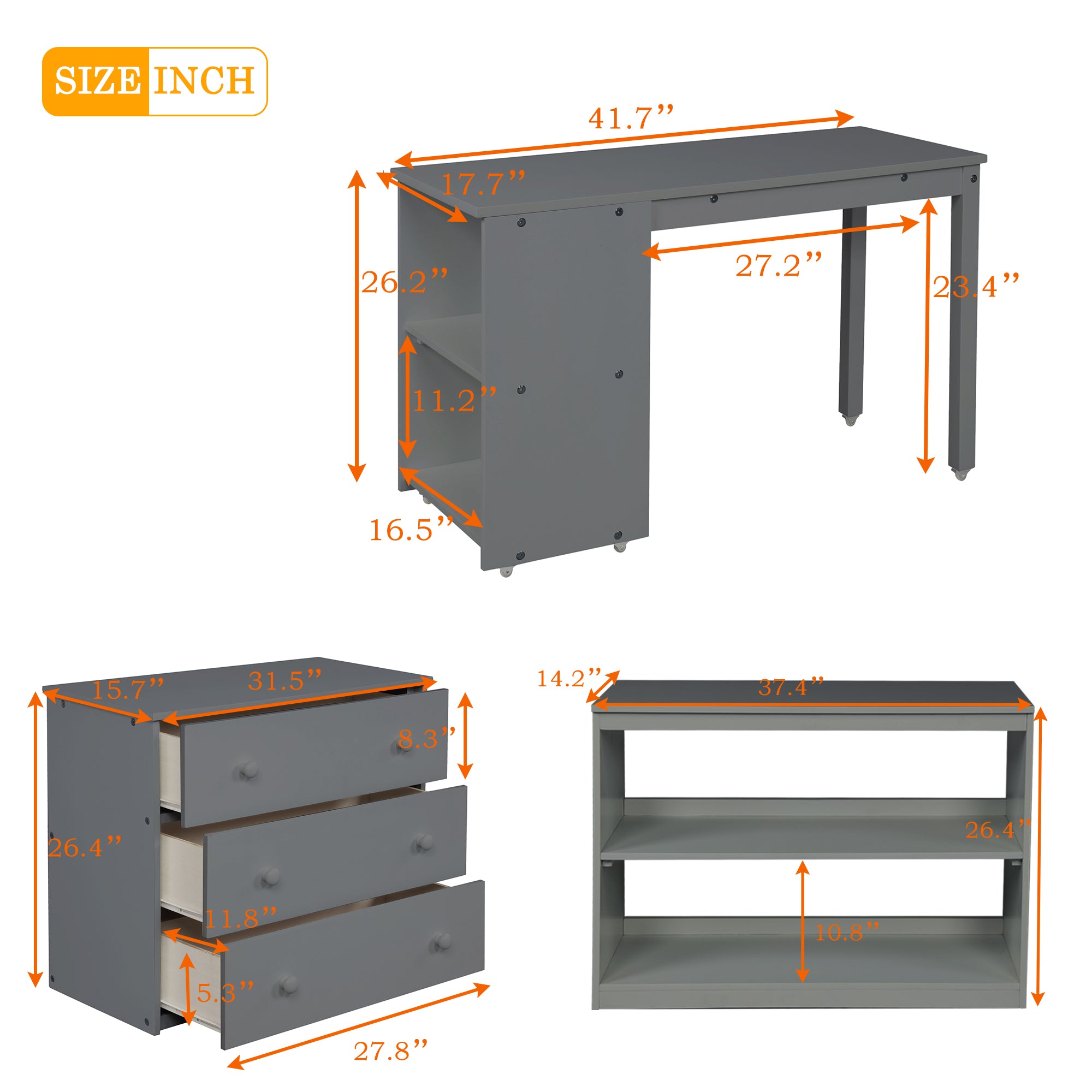 Royard Oaktree Loft Bed with Freestanding 3-Drawer Chest, Bookcase, and Rolling Portable Desk Wood Low Loft Bed Frame with Ladder and Guardrails