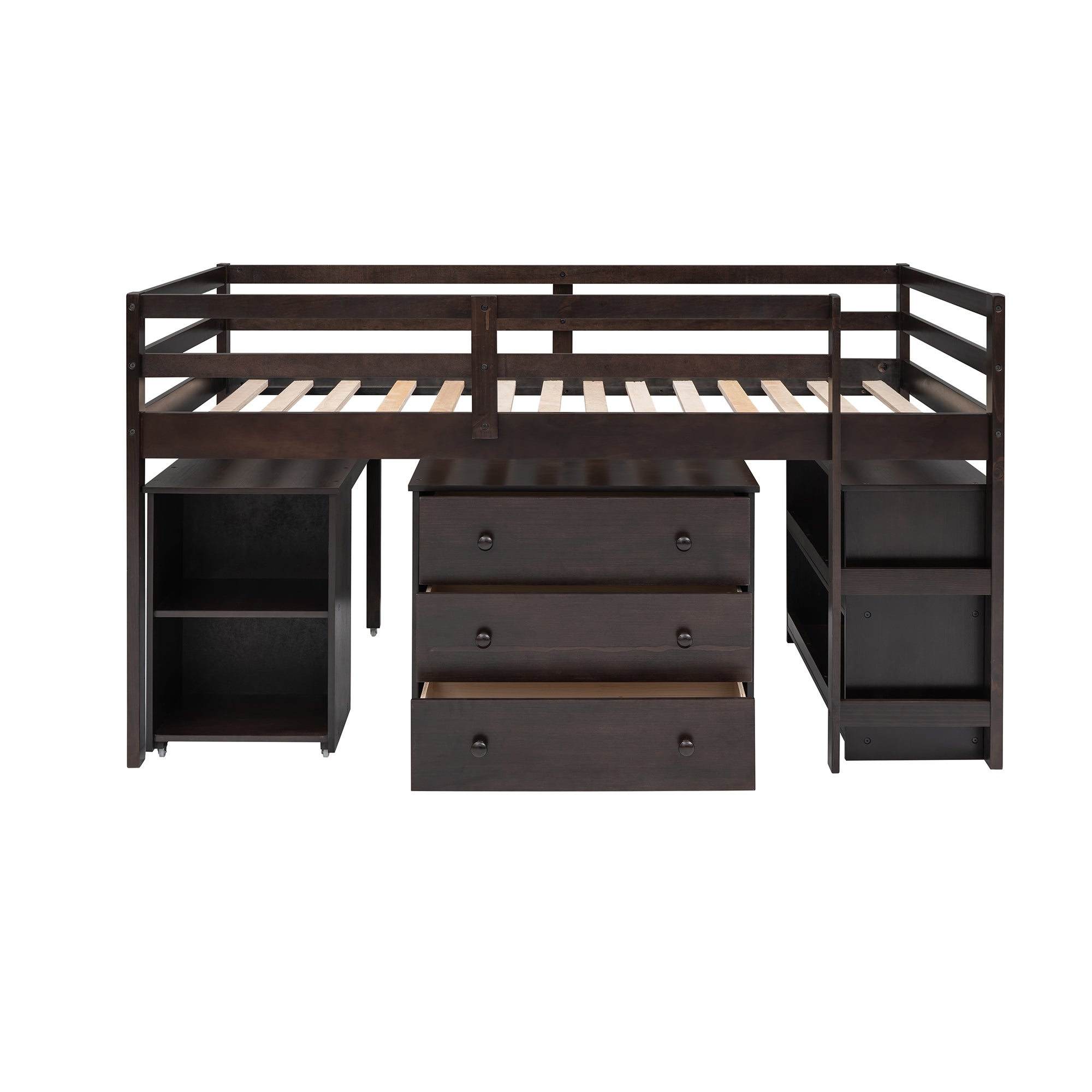 Royard Oaktree Loft Bed with Freestanding 3-Drawer Chest, Bookcase, and Rolling Portable Desk Wood Low Loft Bed Frame with Ladder and Guardrails