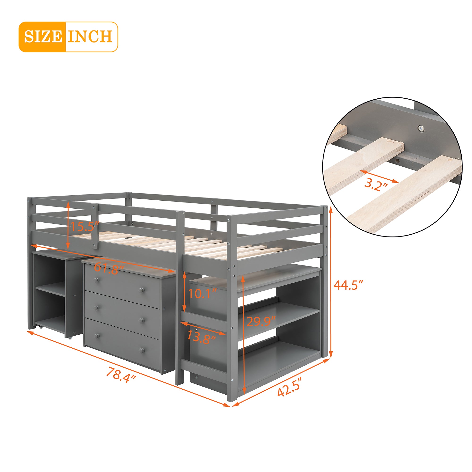 Royard Oaktree Loft Bed with Freestanding 3-Drawer Chest, Bookcase, and Rolling Portable Desk Wood Low Loft Bed Frame with Ladder and Guardrails