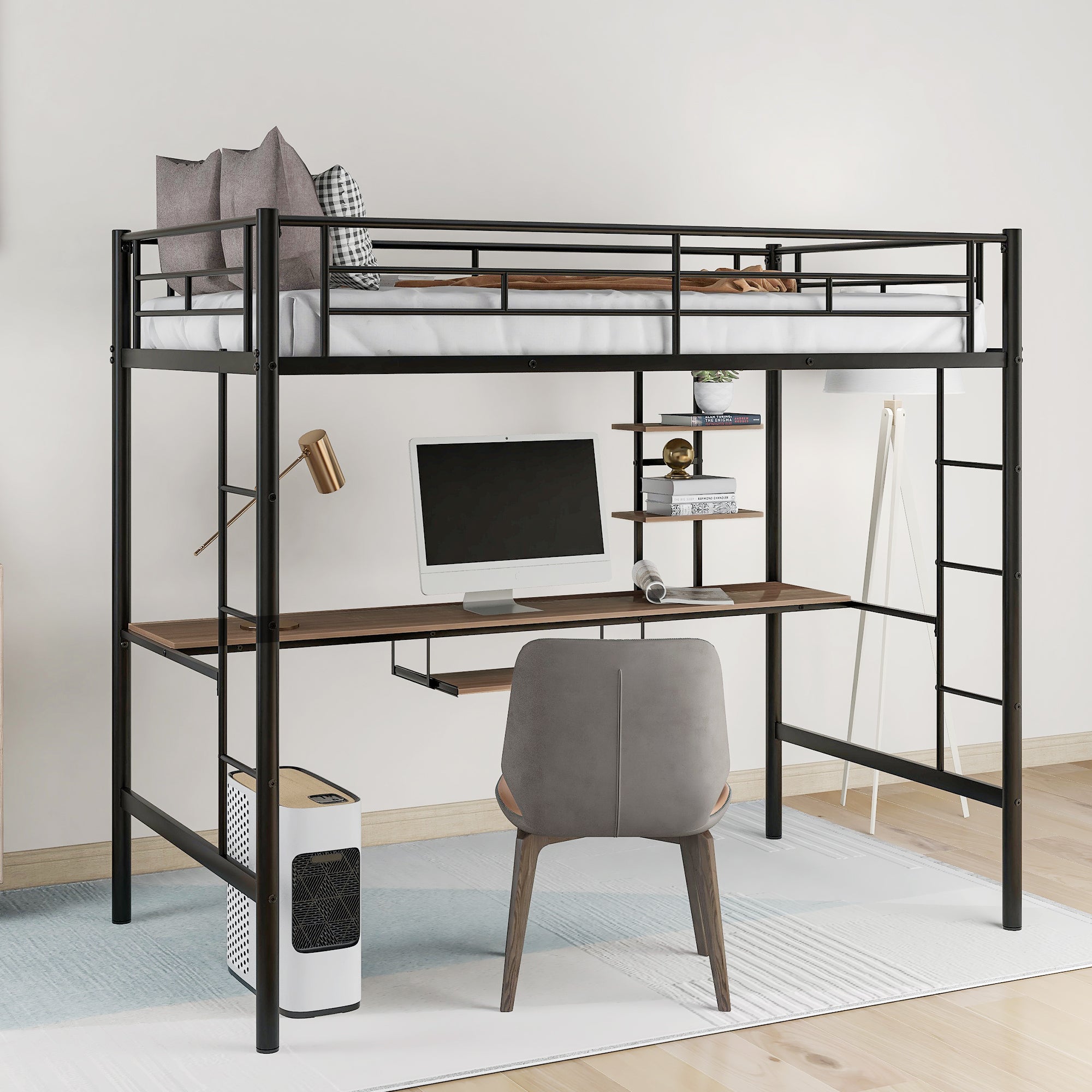 Royard Oaktree Loft Bed with Desk and Shelf, Space Saving Design, Twin