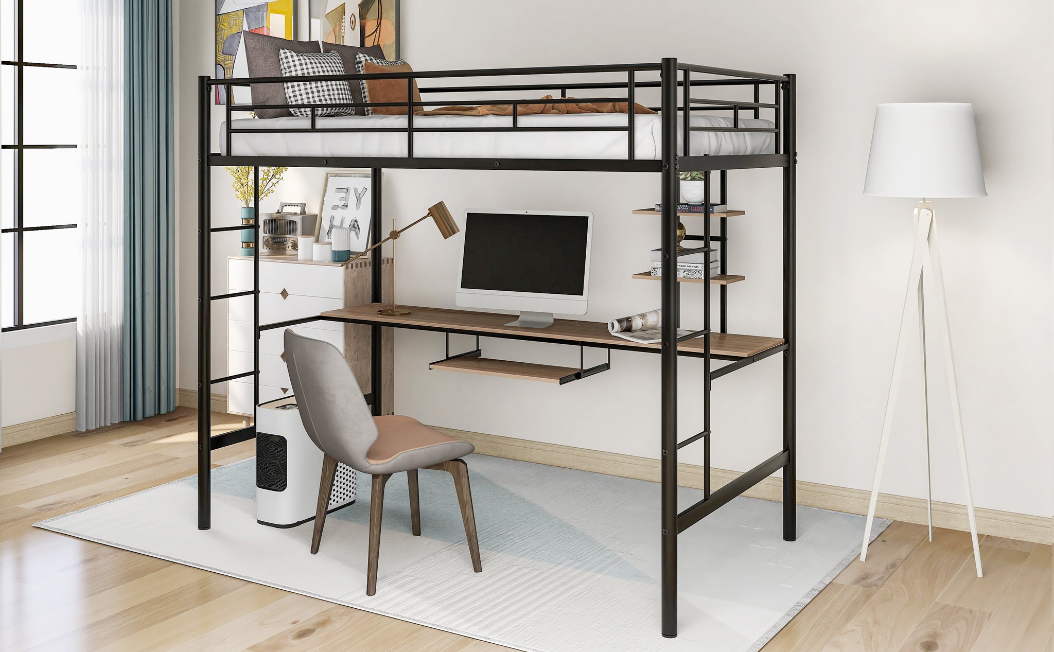 Royard Oaktree Loft Bed with Desk and Shelf, Space Saving Design, Twin