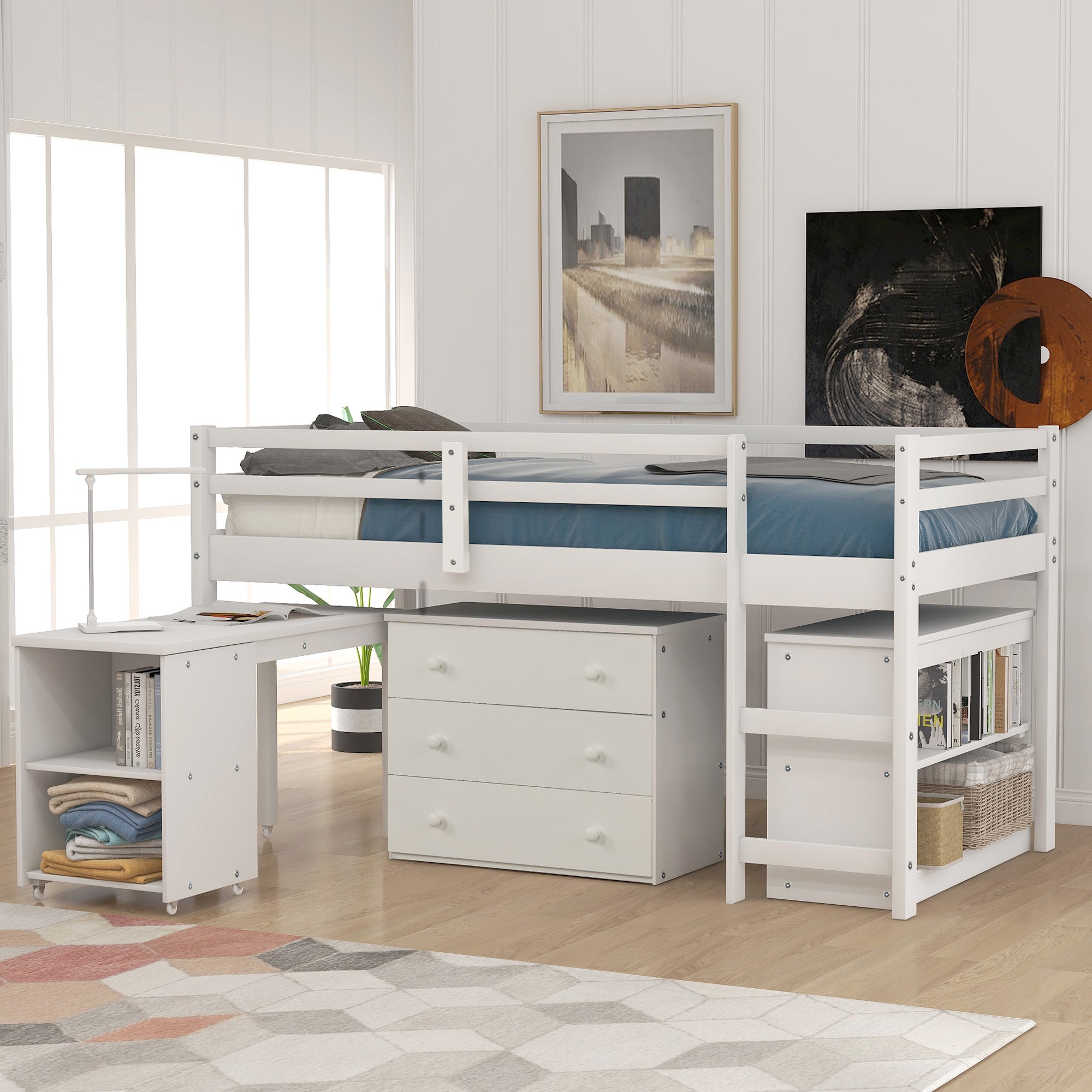 Royard Oaktree Loft Bed with Freestanding 3-Drawer Chest, Bookcase, and Rolling Portable Desk Wood Low Loft Bed Frame with Ladder and Guardrails