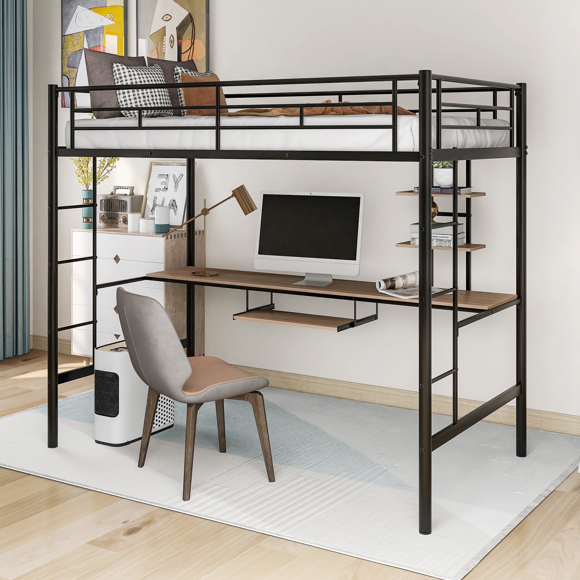 Royard Oaktree Loft Bed with Desk and Shelf, Space Saving Design, Twin