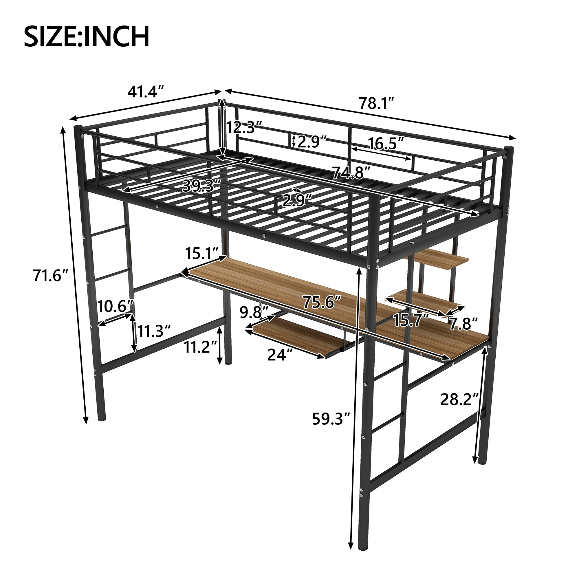 Royard Oaktree Loft Bed with Desk and Shelf, Space Saving Design, Twin