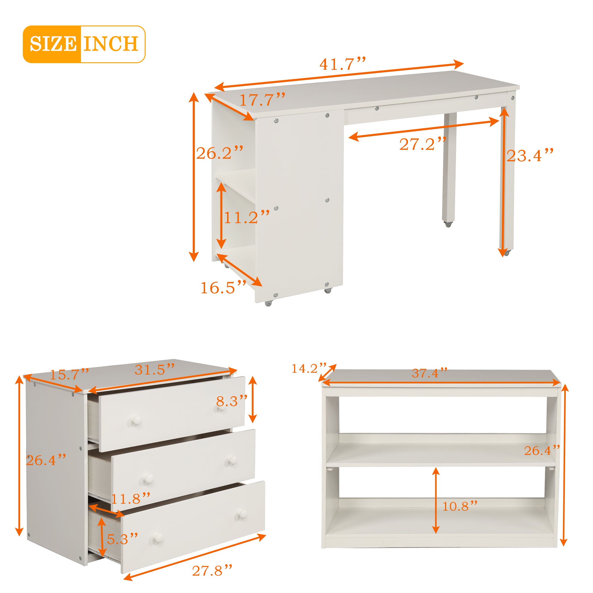 Royard Oaktree Loft Bed with Freestanding 3-Drawer Chest, Bookcase, and Rolling Portable Desk Wood Low Loft Bed Frame with Ladder and Guardrails