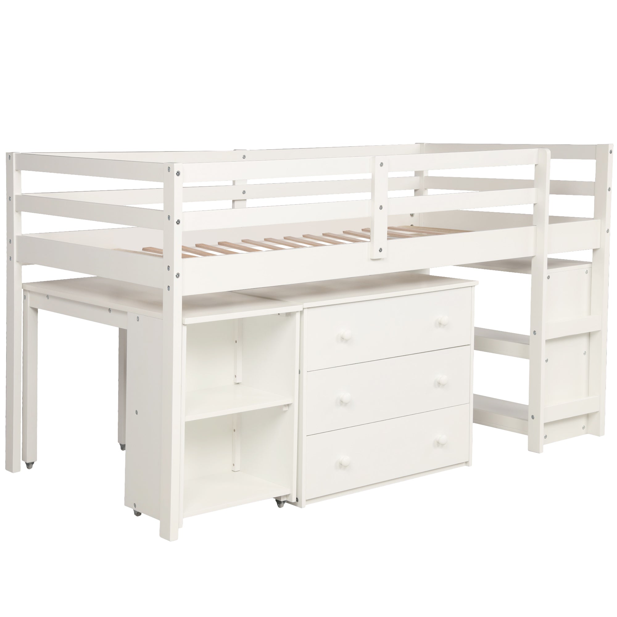 Royard Oaktree Loft Bed with Freestanding 3-Drawer Chest, Bookcase, and Rolling Portable Desk Wood Low Loft Bed Frame with Ladder and Guardrails