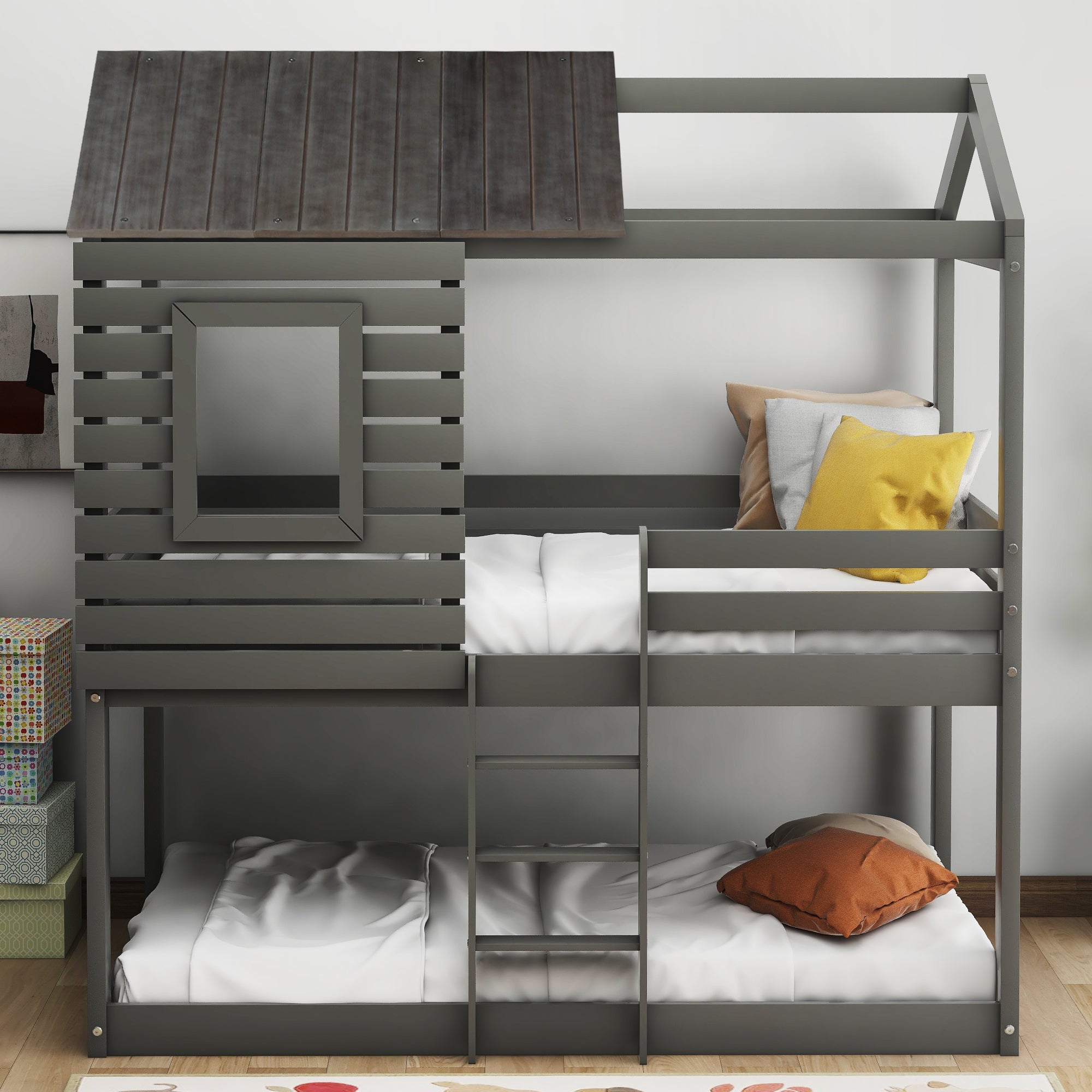 Royard Oaktree Twin Over Twin House Bunk Bed Wood Bed Frame with Roof and Window Modern Low Bunk Bed with Guardrail and Ladder