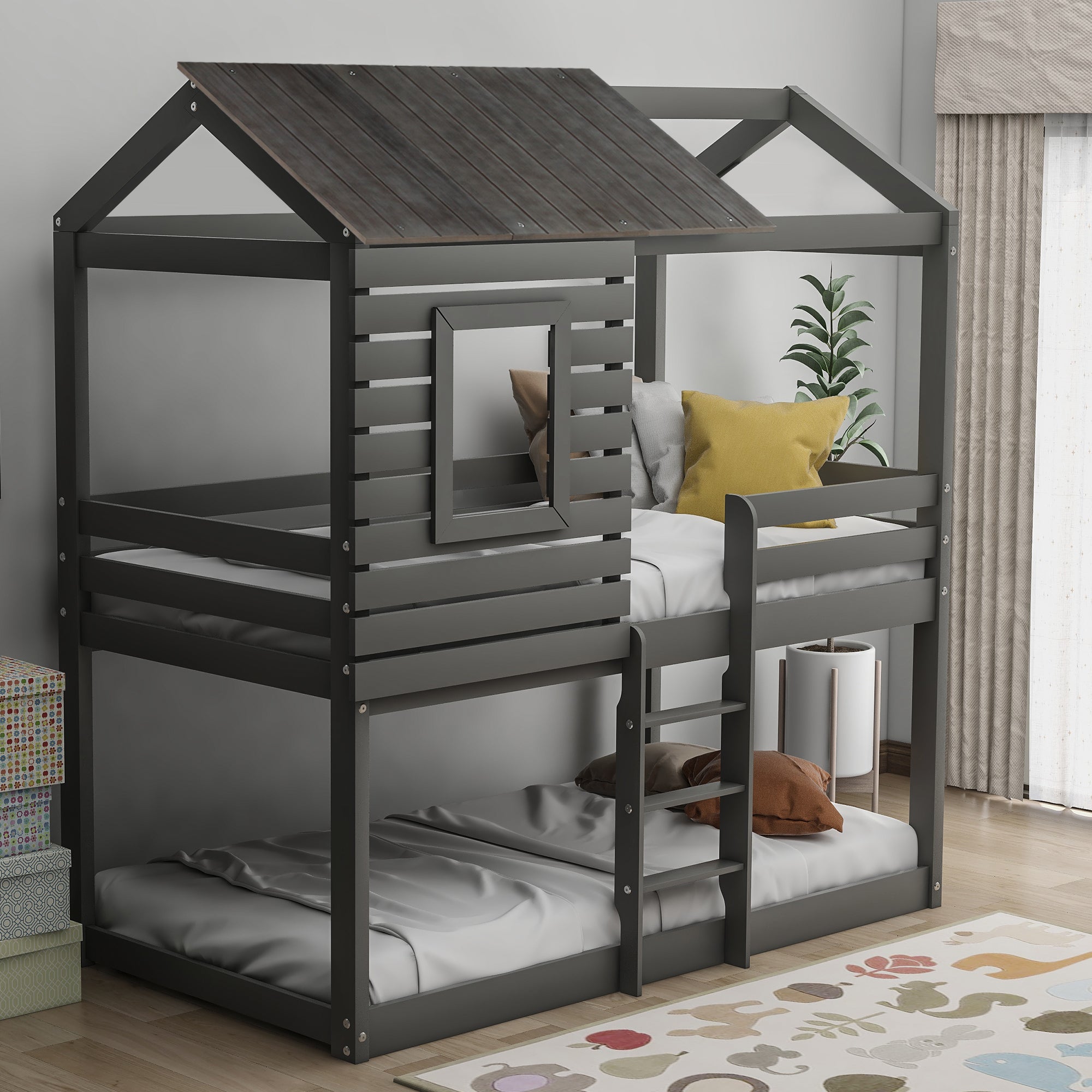 Royard Oaktree Twin Over Twin House Bunk Bed Wood Bed Frame with Roof and Window Modern Low Bunk Bed with Guardrail and Ladder